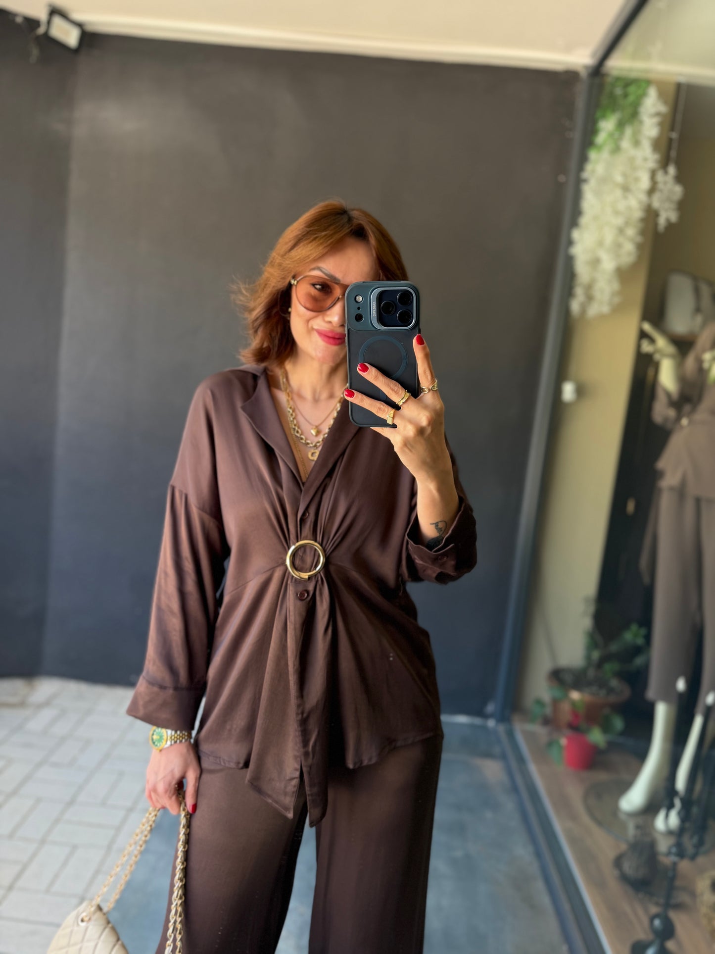 Lost Kahve Pamuklu Saten Broşlu Takım