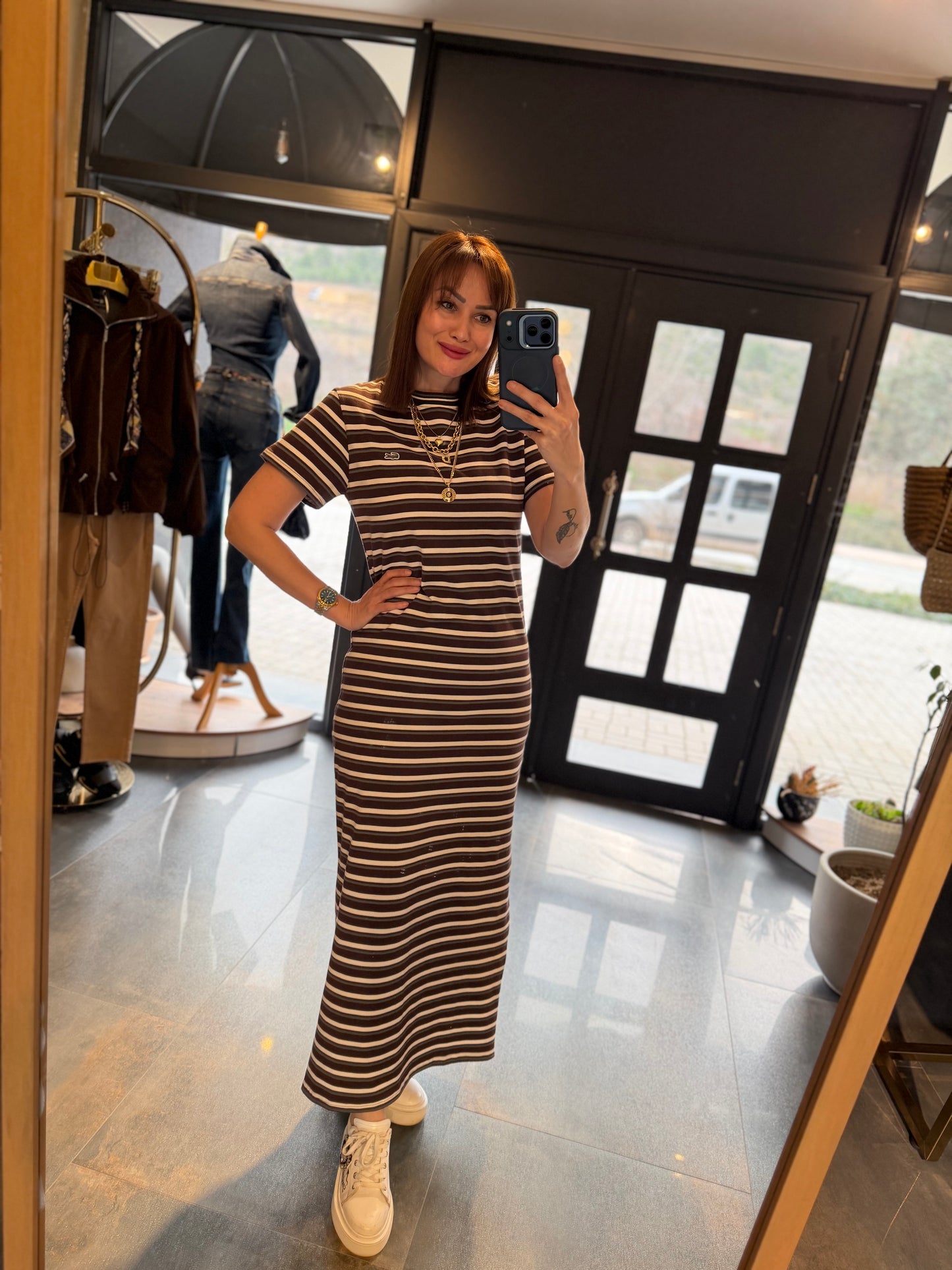 Oste Kahve Çizgili Elbise