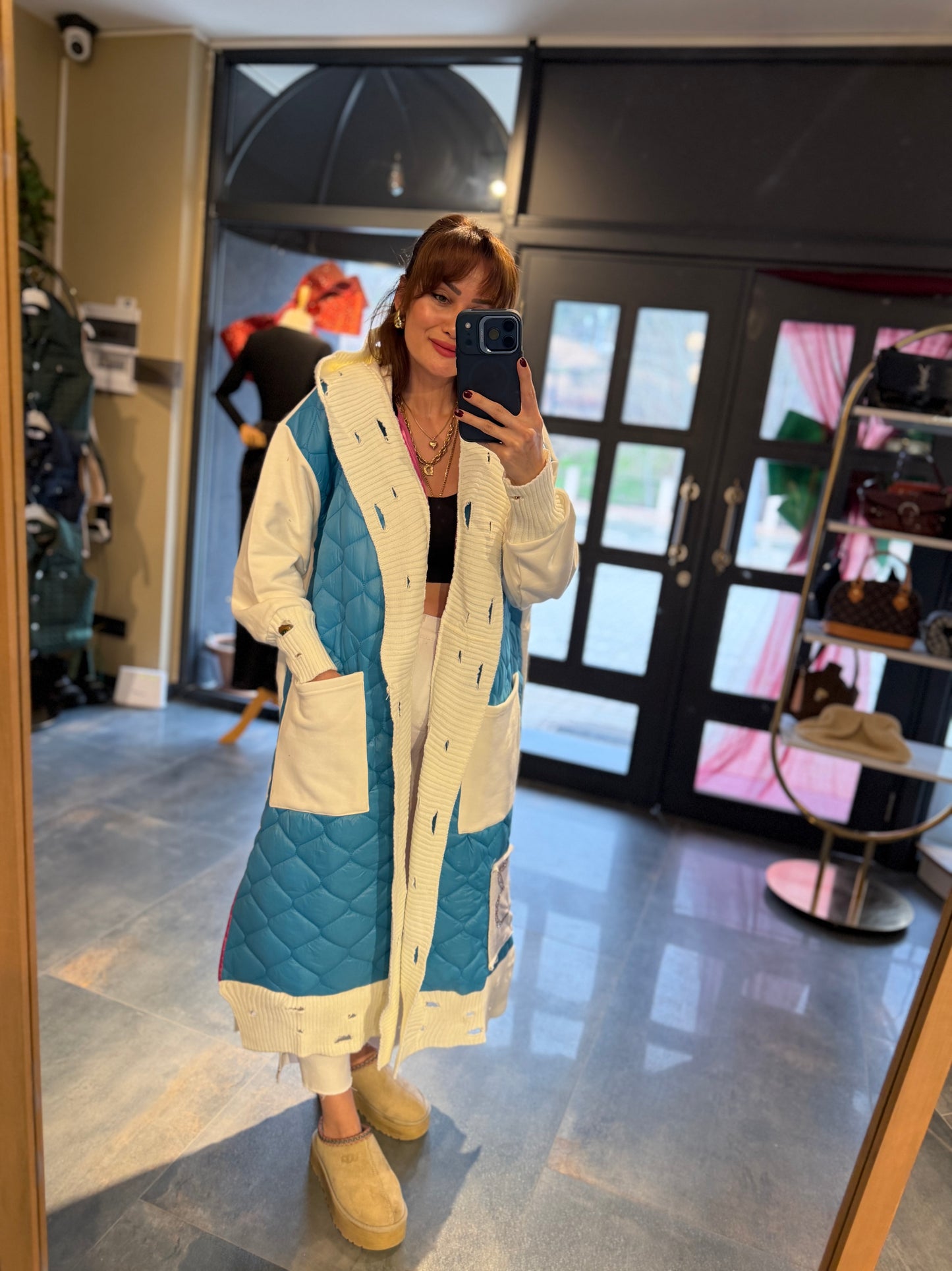 Linen Mavi Capitone Detay Hırka