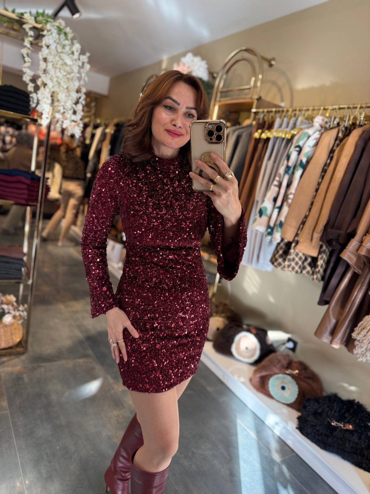 Nira İspanyol Kol Pullu Bordo Elbise