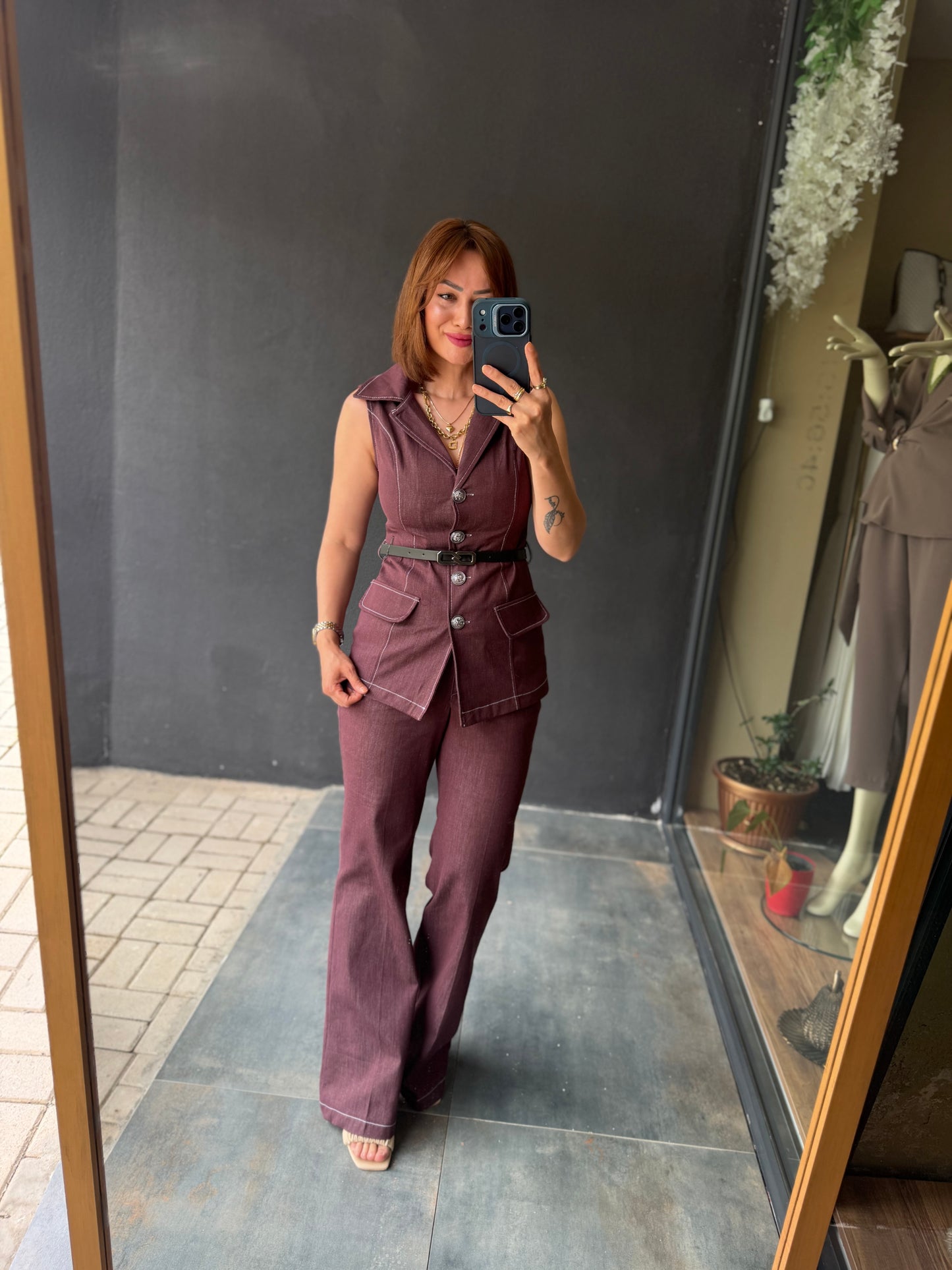 Bordo Kontrast Dikiş Yelek Pantolon Takım