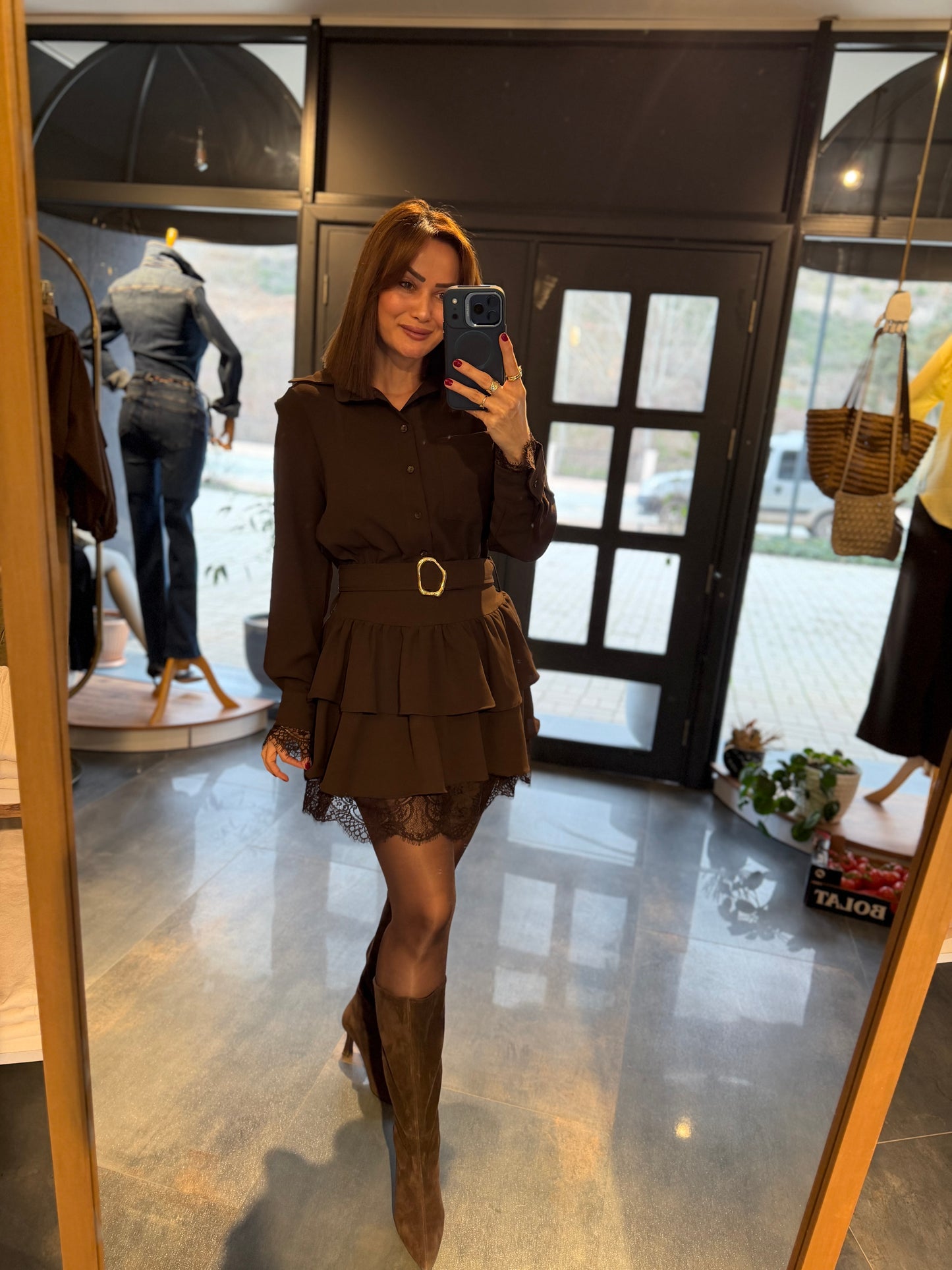 Angeles Kahve Dantel Detaylı Elbise