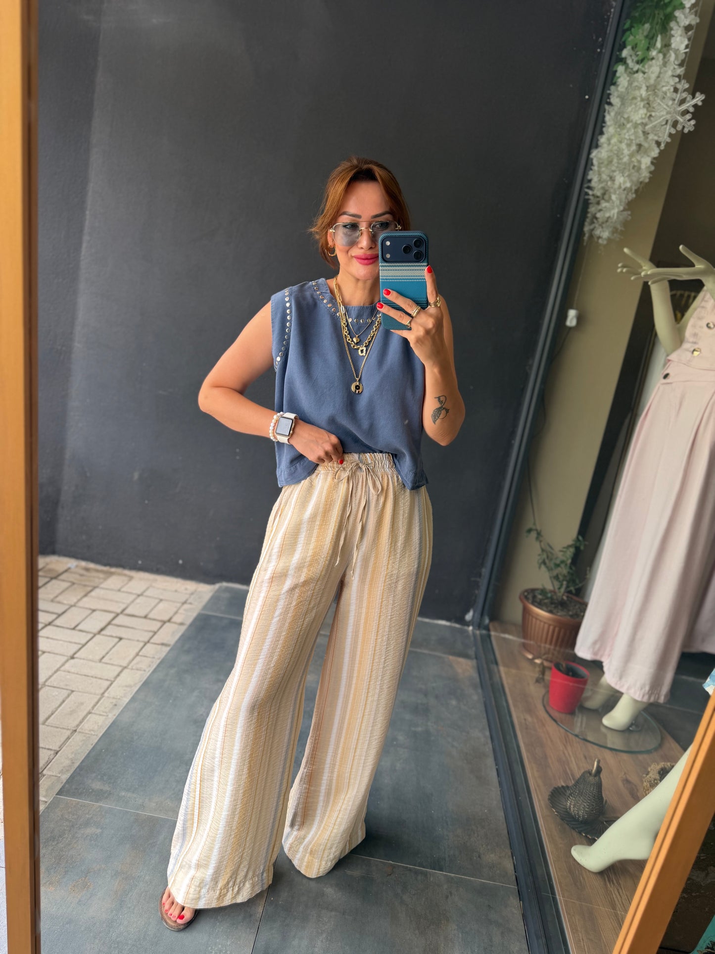 Sahara Bej Çizgili Bol Paça Pantolon & Bluz Takım