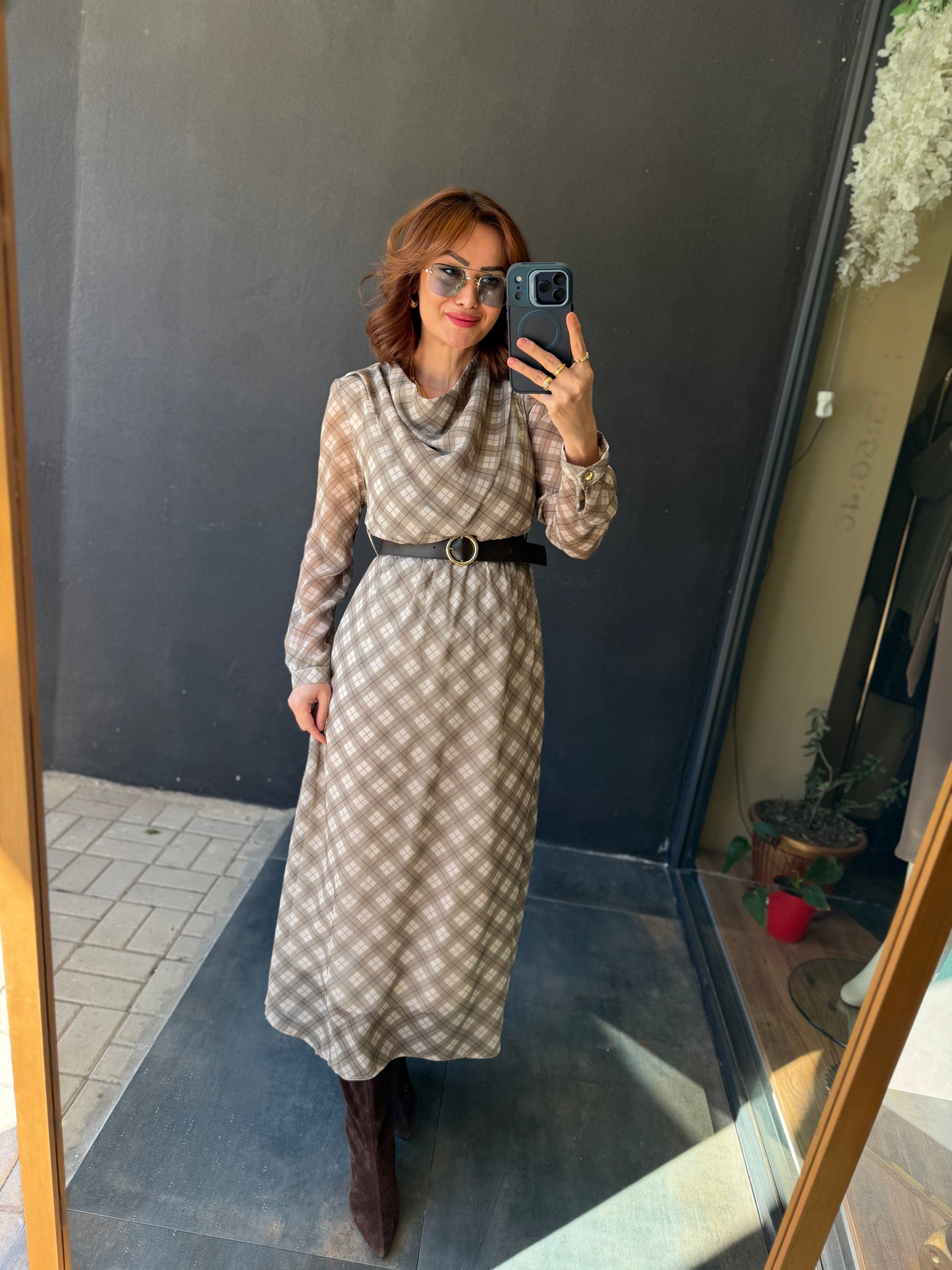 Capo Kemerli Haki Şifon Elbise