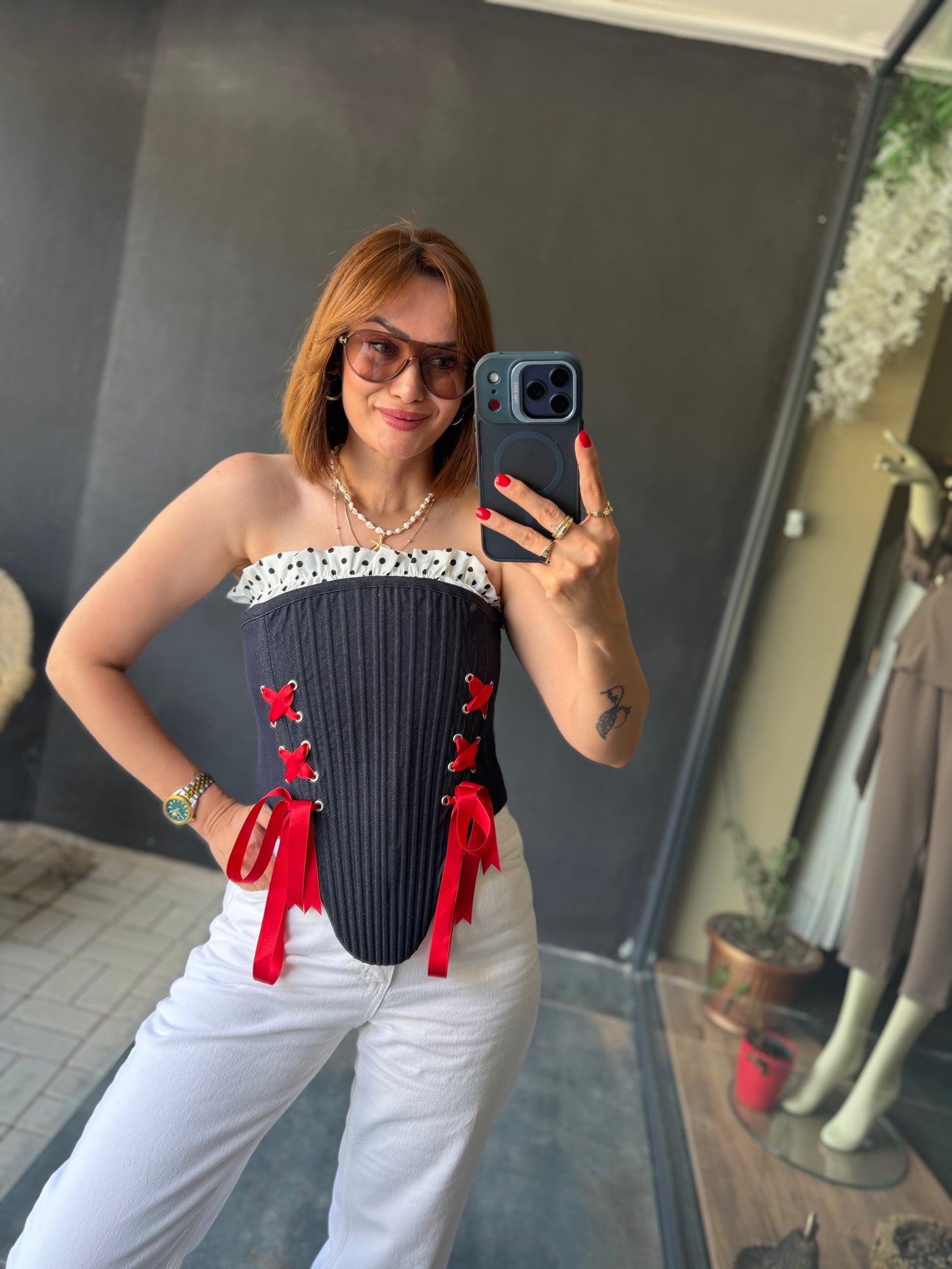 Kadın Lacivert Korse Büstiyer Kırmızı Kurdele Detaylı Straplez Bluz