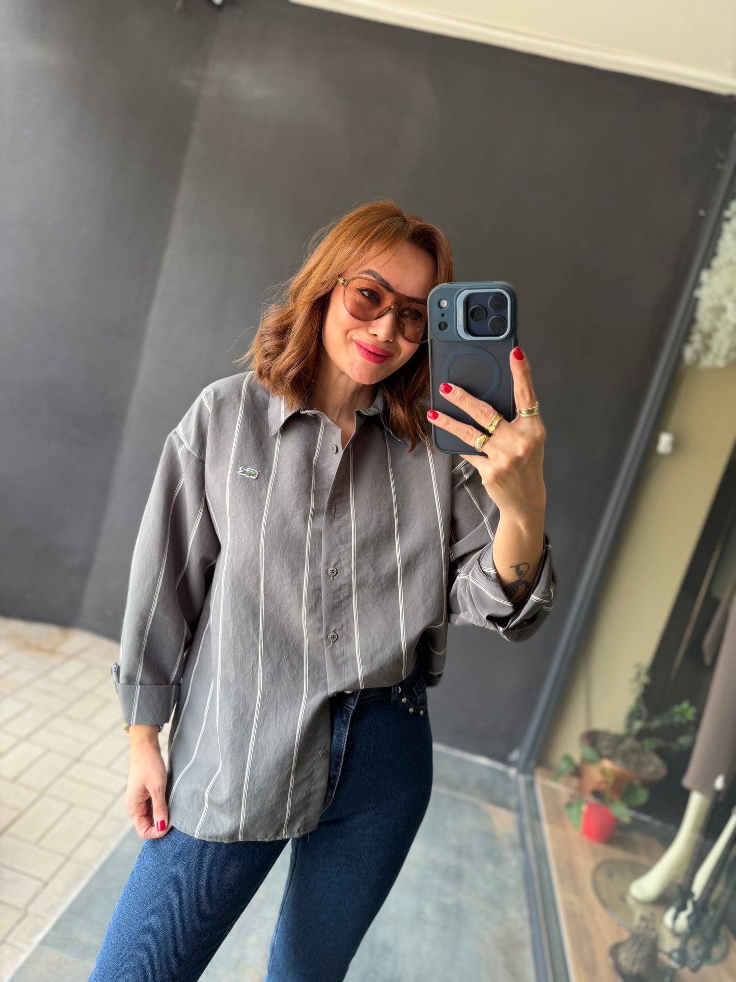 Tiante Gri Tensel Gömlek