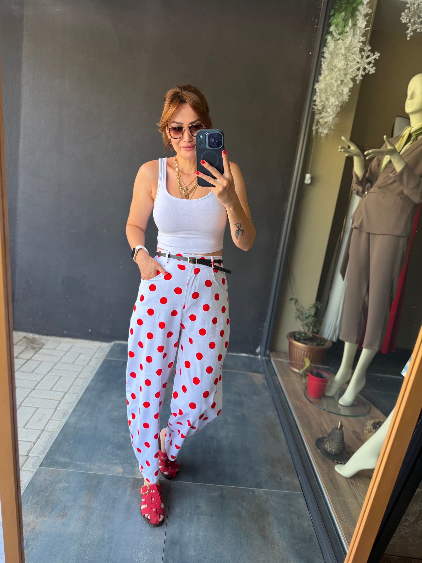 Puantiyeli Kırmızı Baggy Pantolon