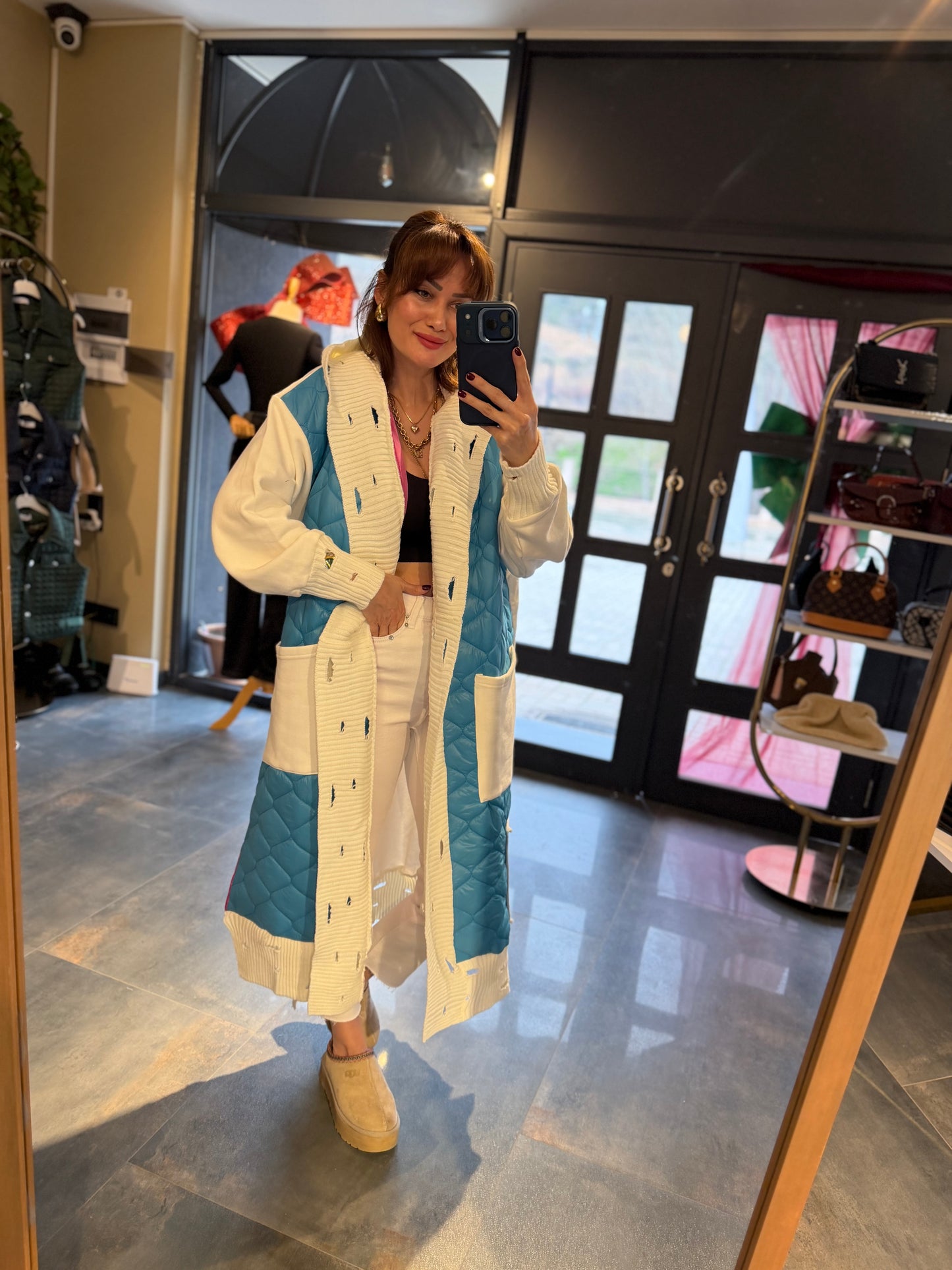 Linen Mavi Capitone Detay Hırka