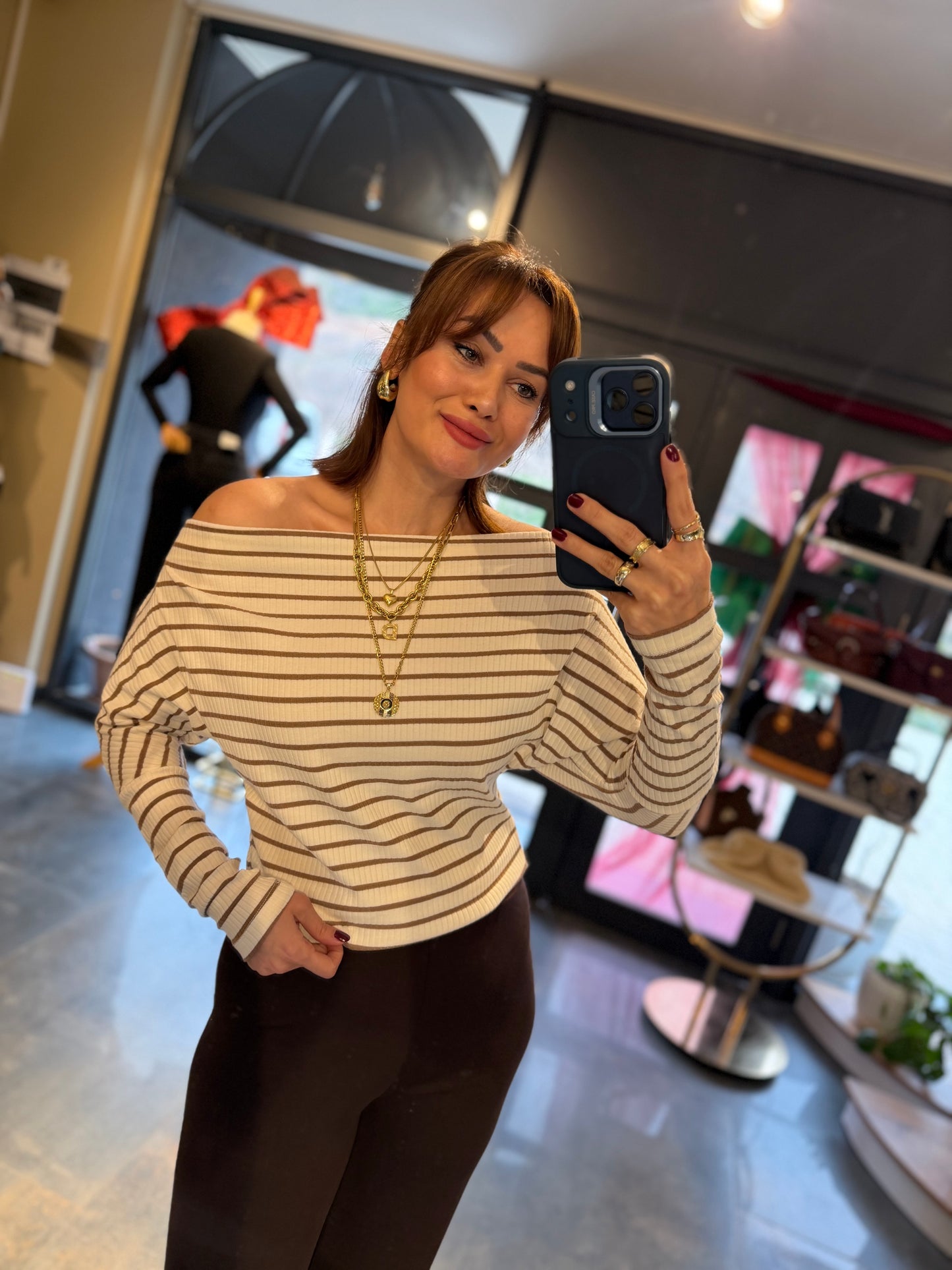 The Secret Kahve Modal Pantolon & Çizgili Bluz Takım