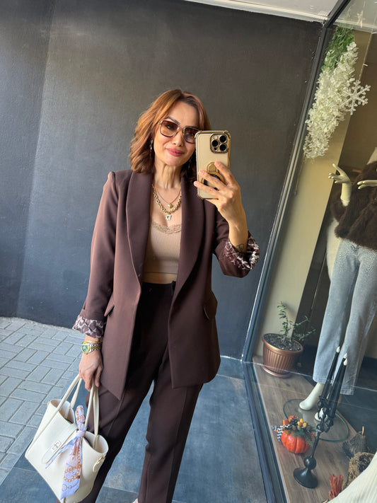 Melanj Kahve Ceket & Pantolon Takım