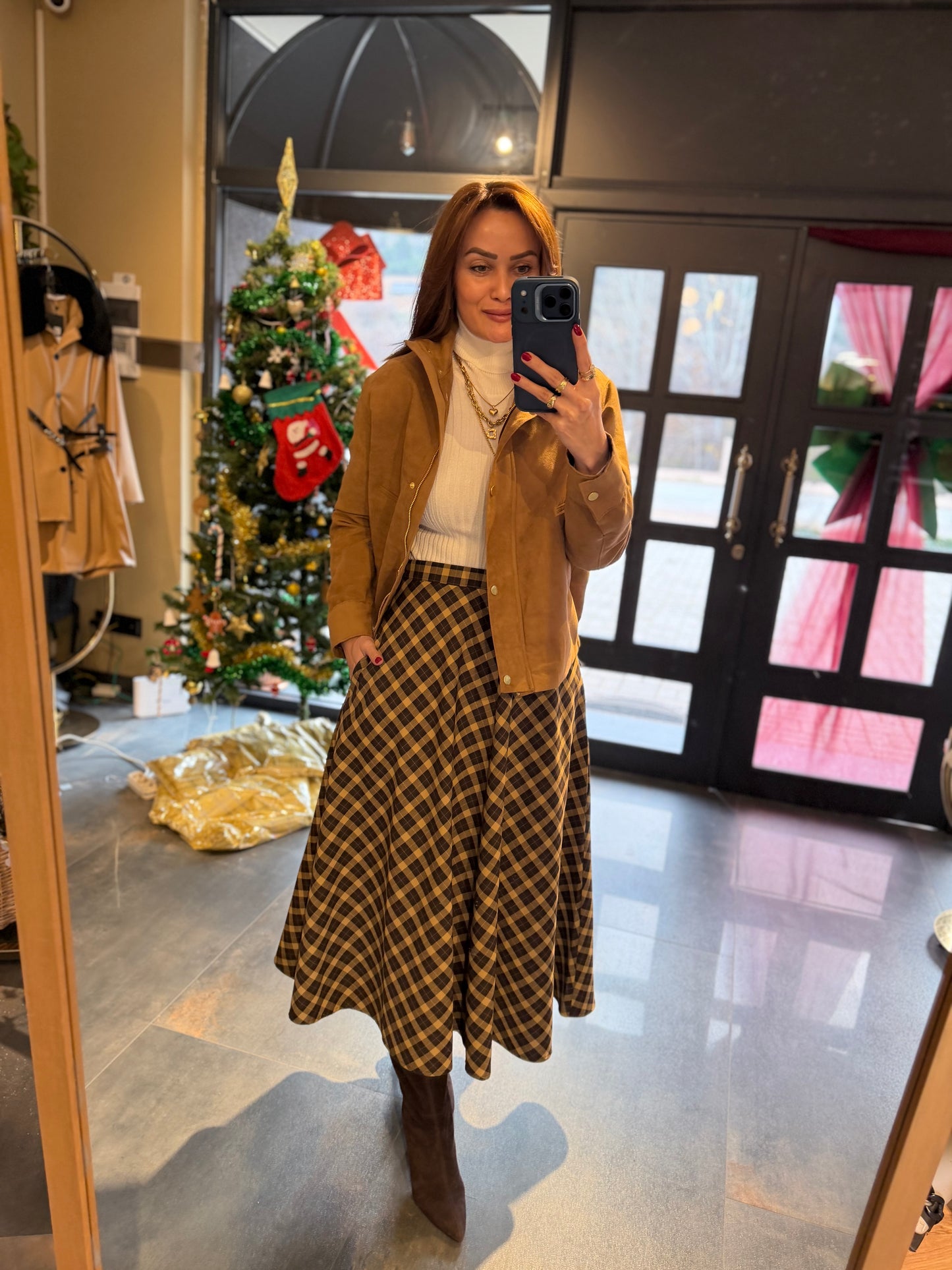 Cream 2 Kahve Midi Kareli Etek