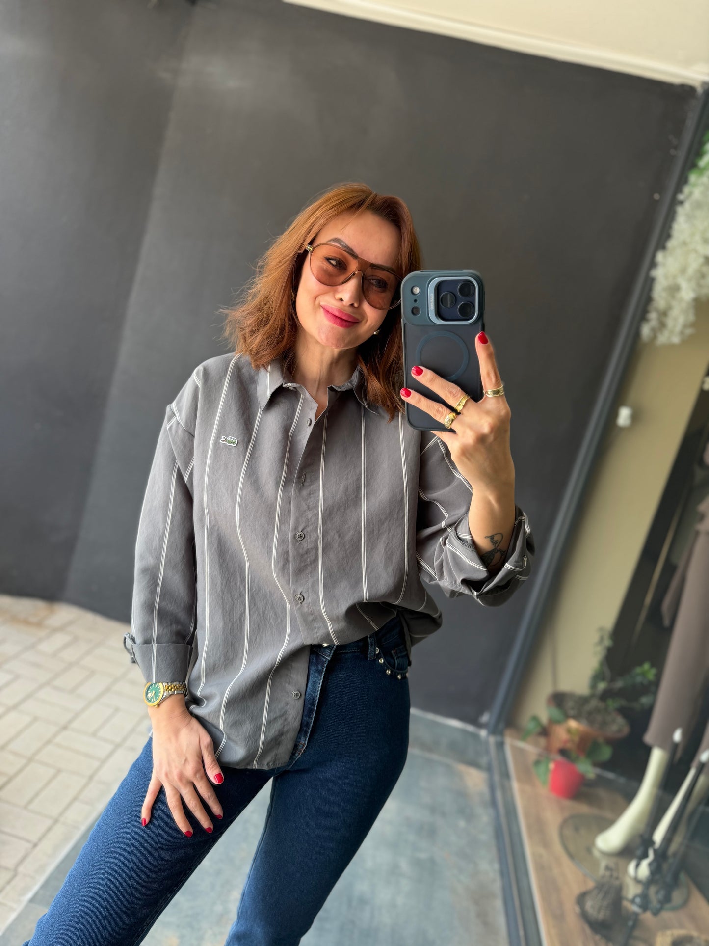 Tiante Gri Tensel Gömlek