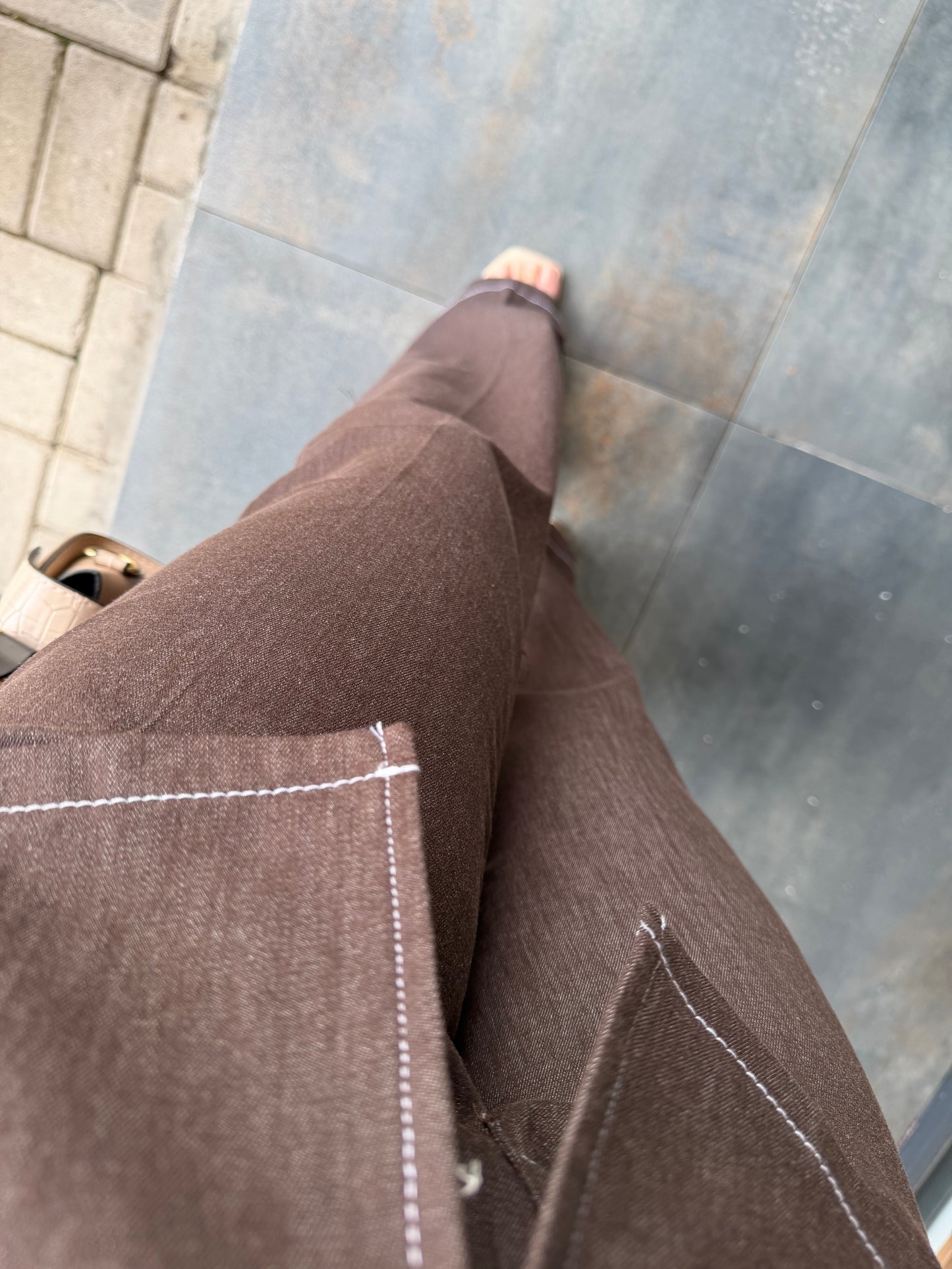 Kahve Kontrast Dikiş Yelek Pantolon Takım