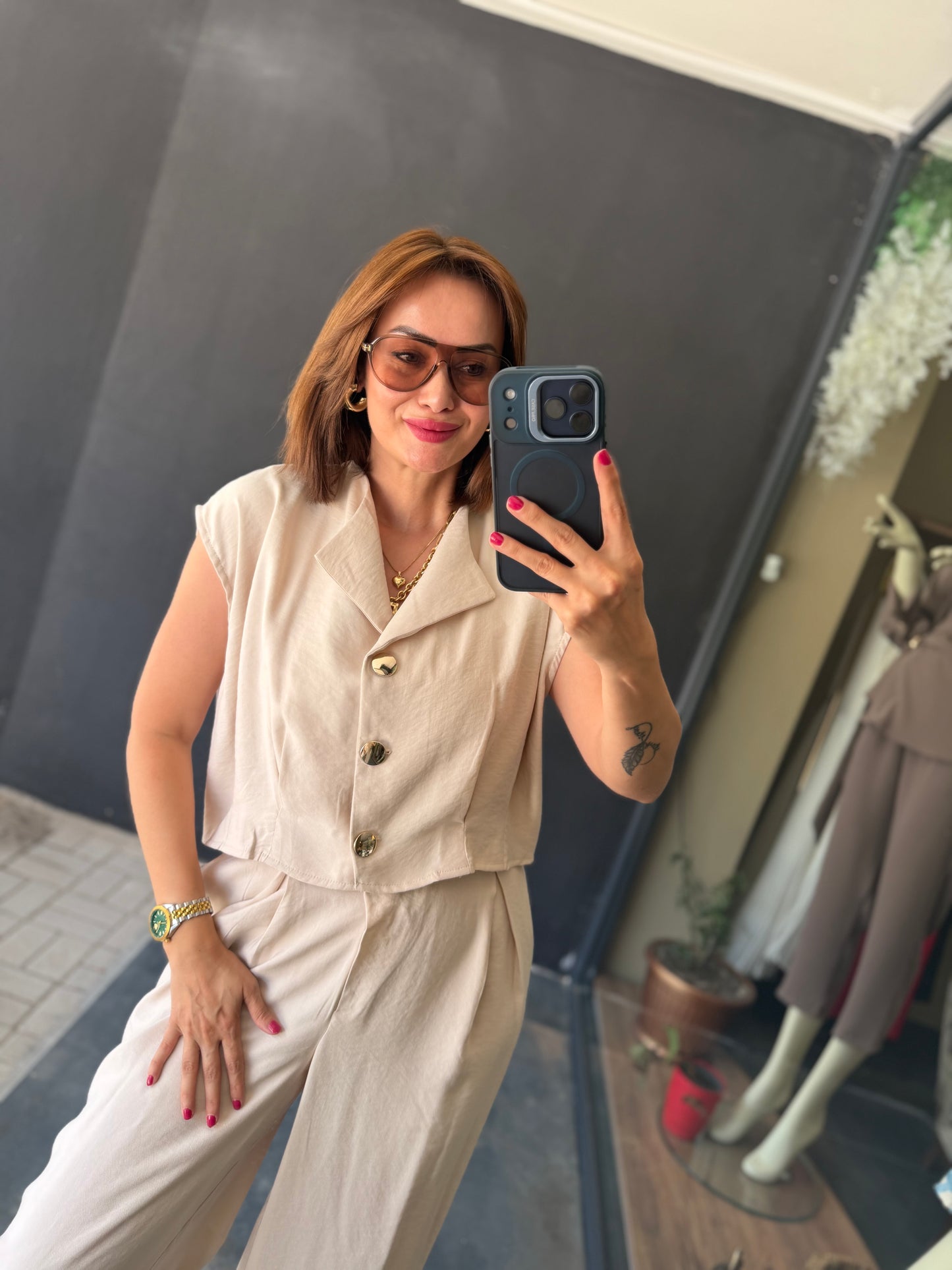 Bej Bol Paça Pantolonlu Premium Takım