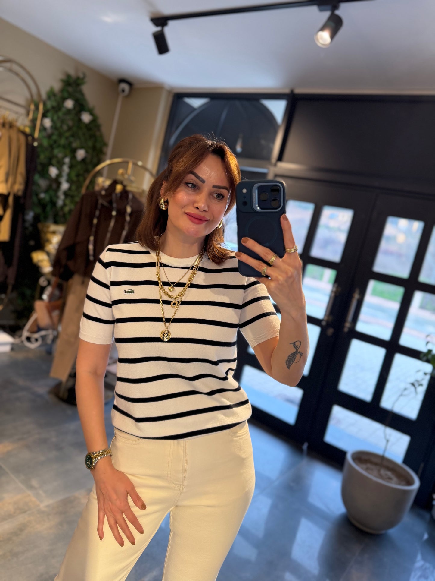 Misse Siyah / Beyaz Triko Dokulu T-Shirt