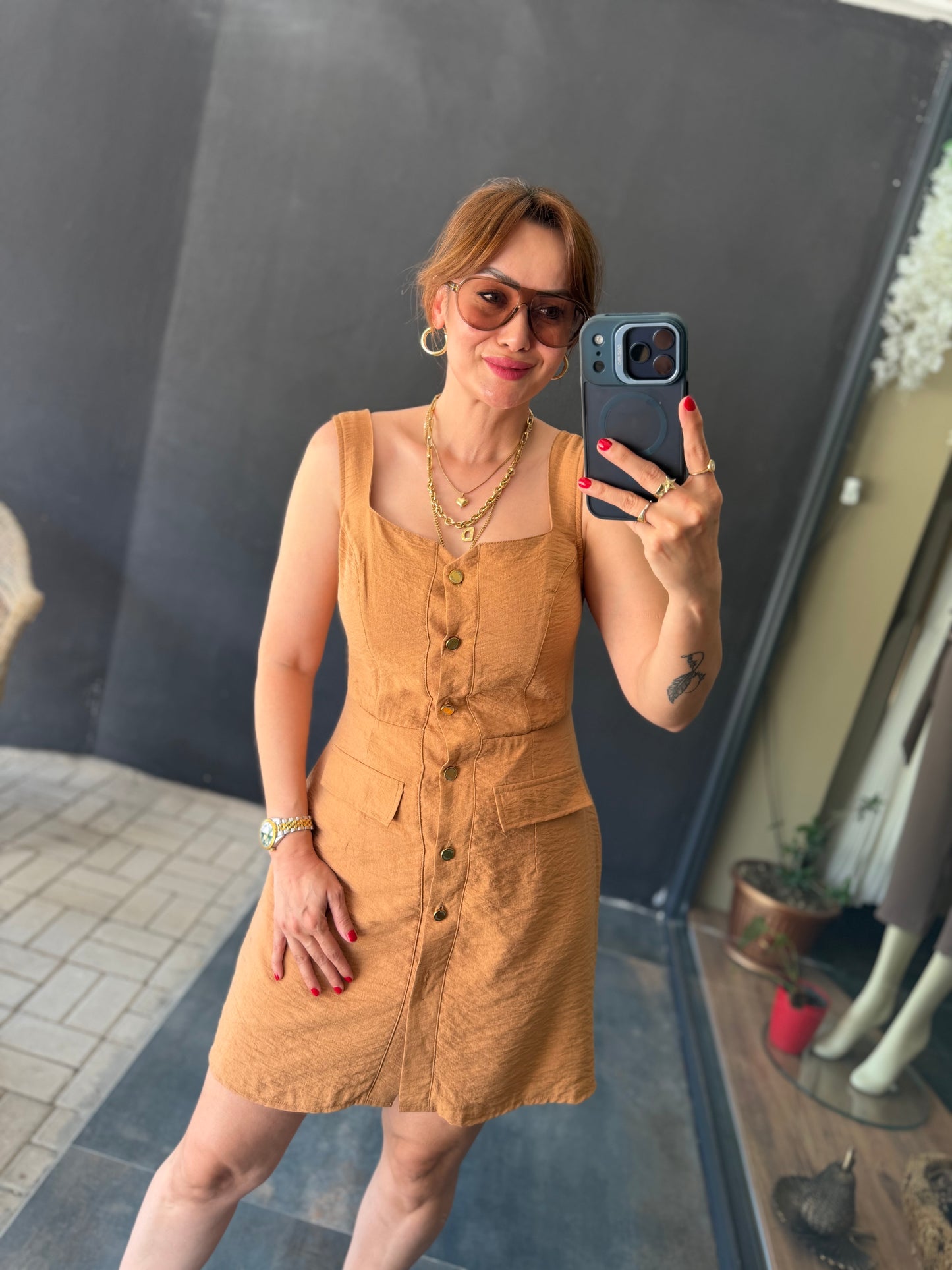 Camel Mini Gold Düğmeli Elbise