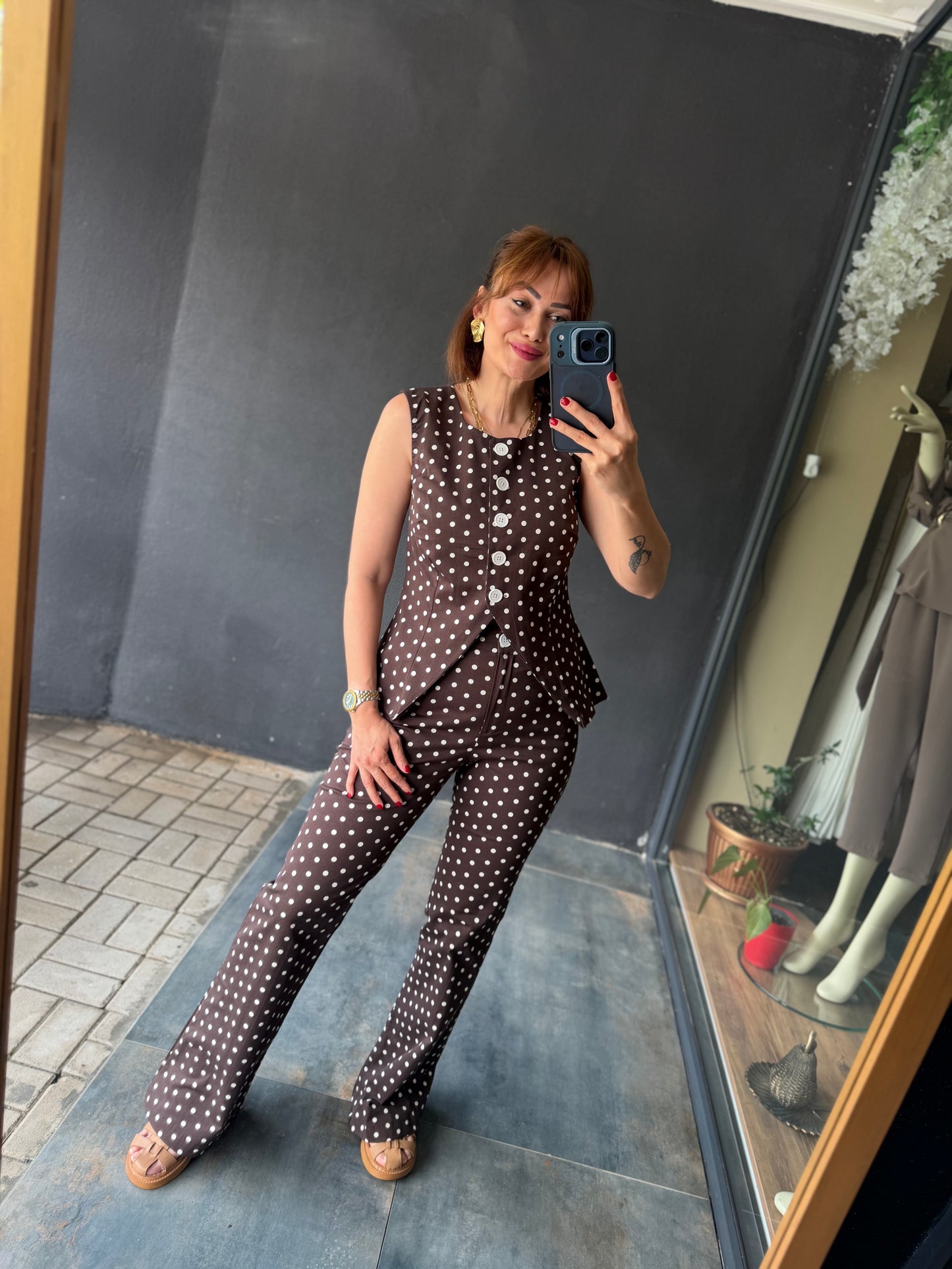 Kahve Puantiyeli Vintage Pantolon Takımı