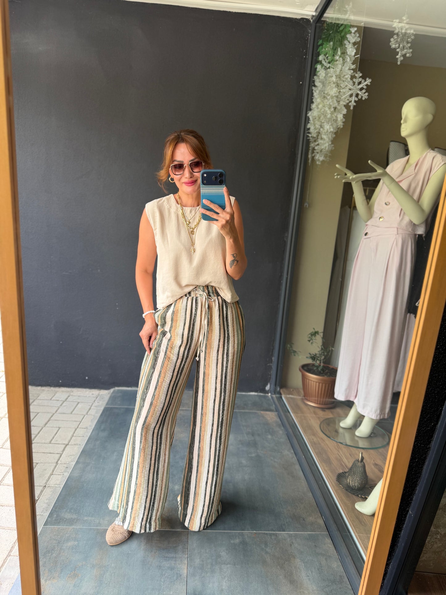 Sahara Haki Çizgili Bol Paça Pantolon & Bluz Takım