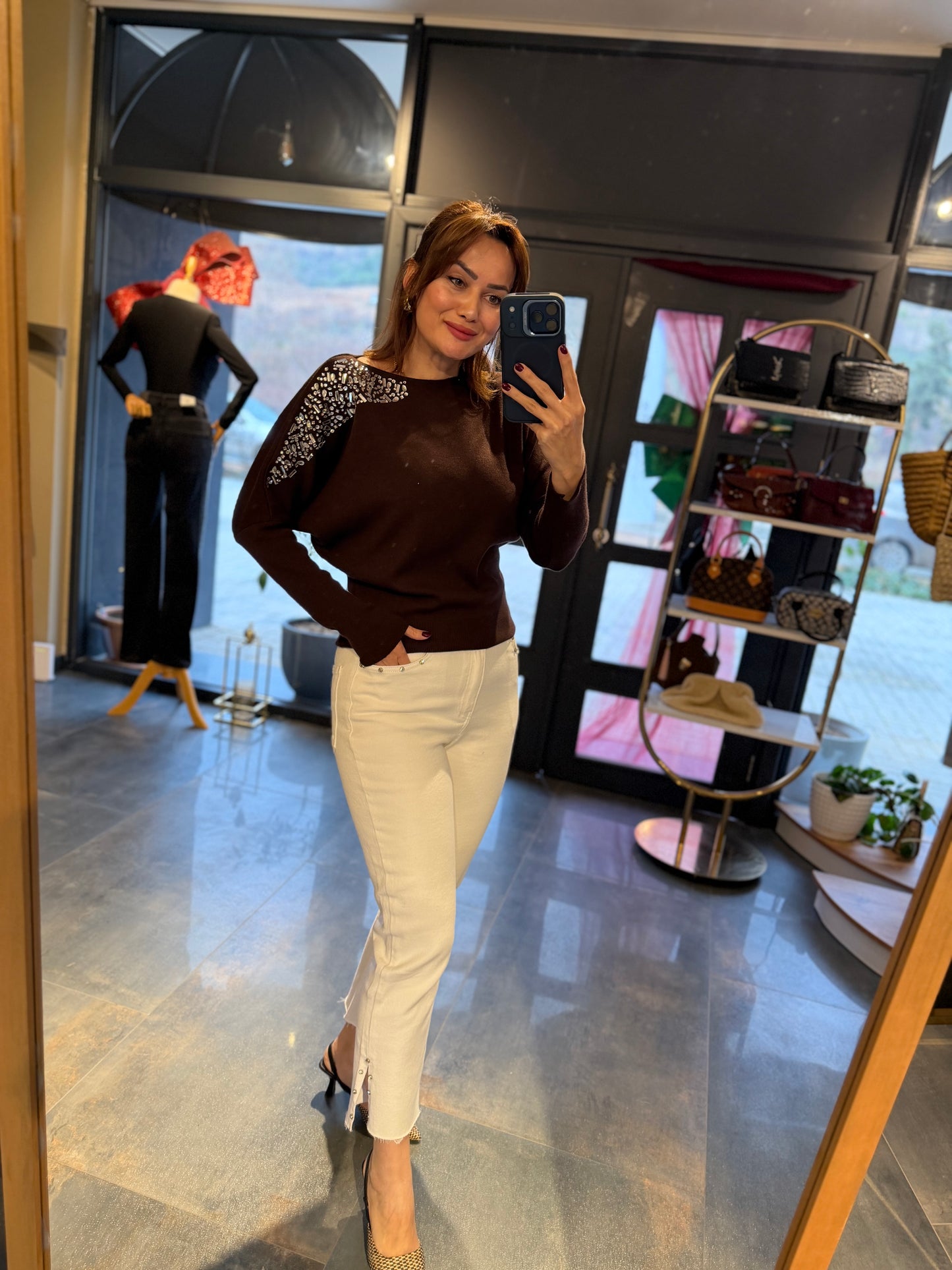 Buruni Kahve Çelik Örme Bluz