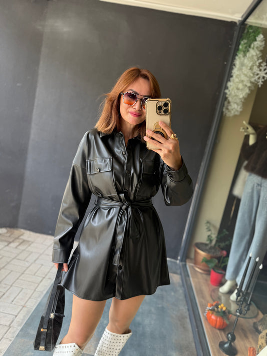 Prady Siyah Deri Elbise & Tunik