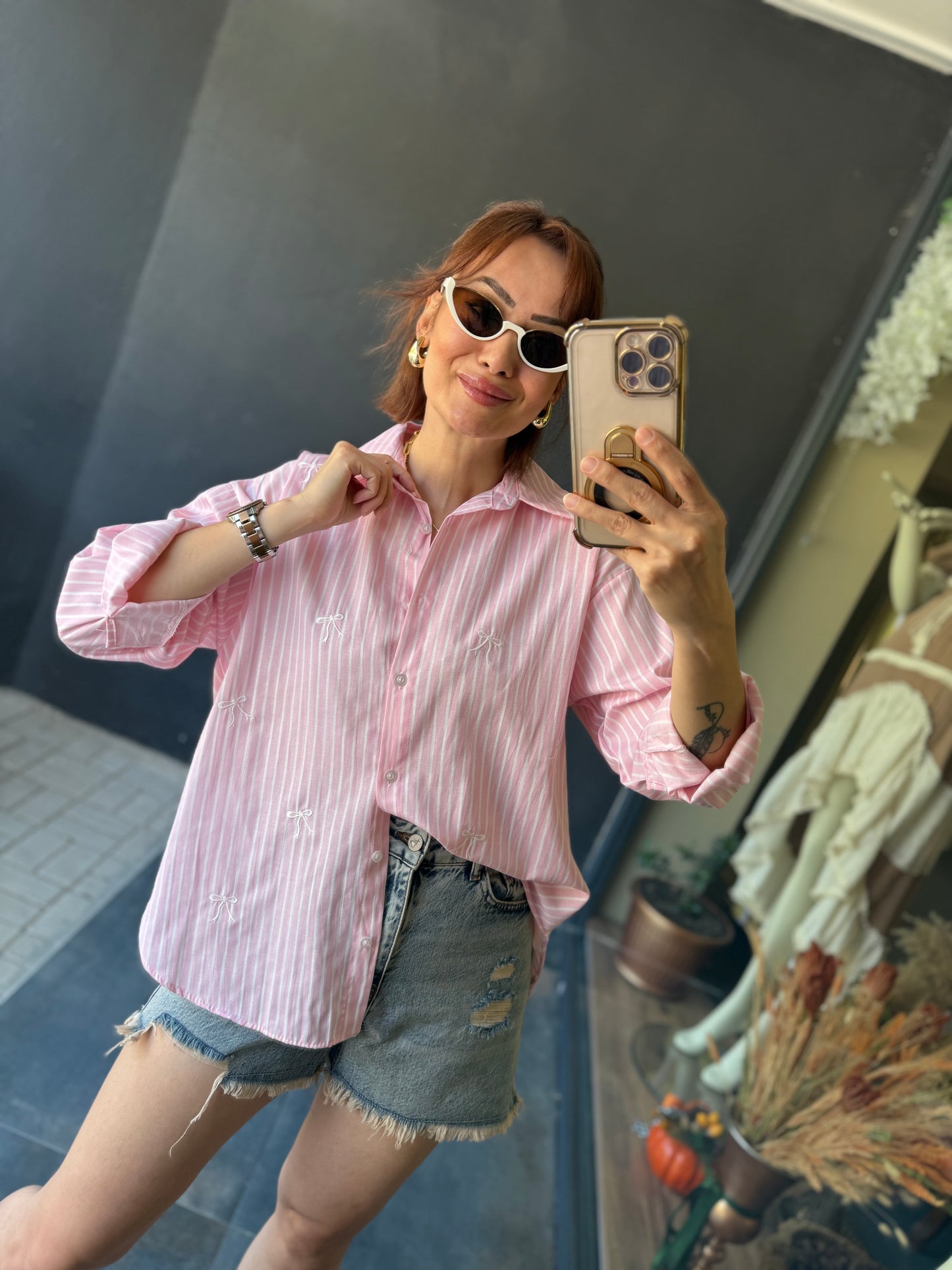 Bısou Pembe Fiyonk Nakışlı Gömlek