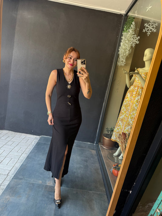 Henna Düğmeli Kalem Elbise