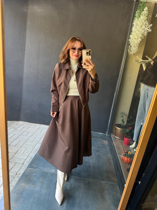 Pesto Kahve Paraşüt Etek&Ceket Takım