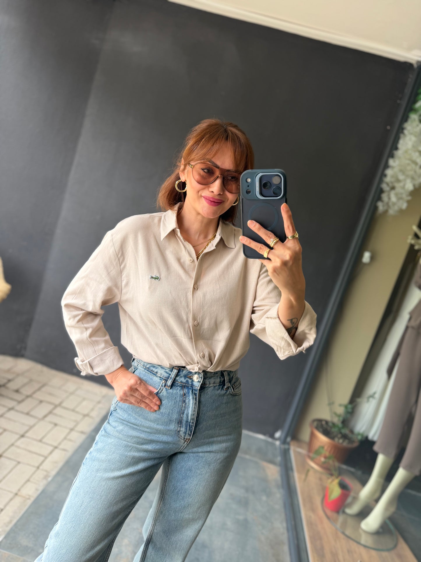 Soft Touch Bej Oversize Kadın Gömlek