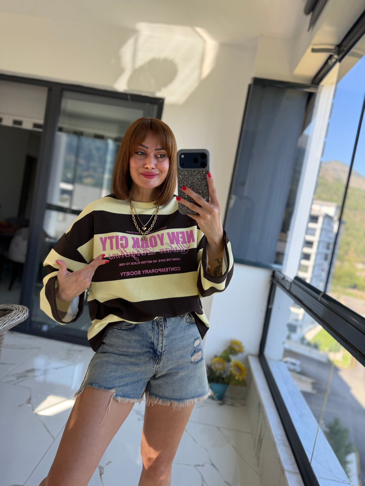 Firesh Kahve Çizgili Basic Sweat