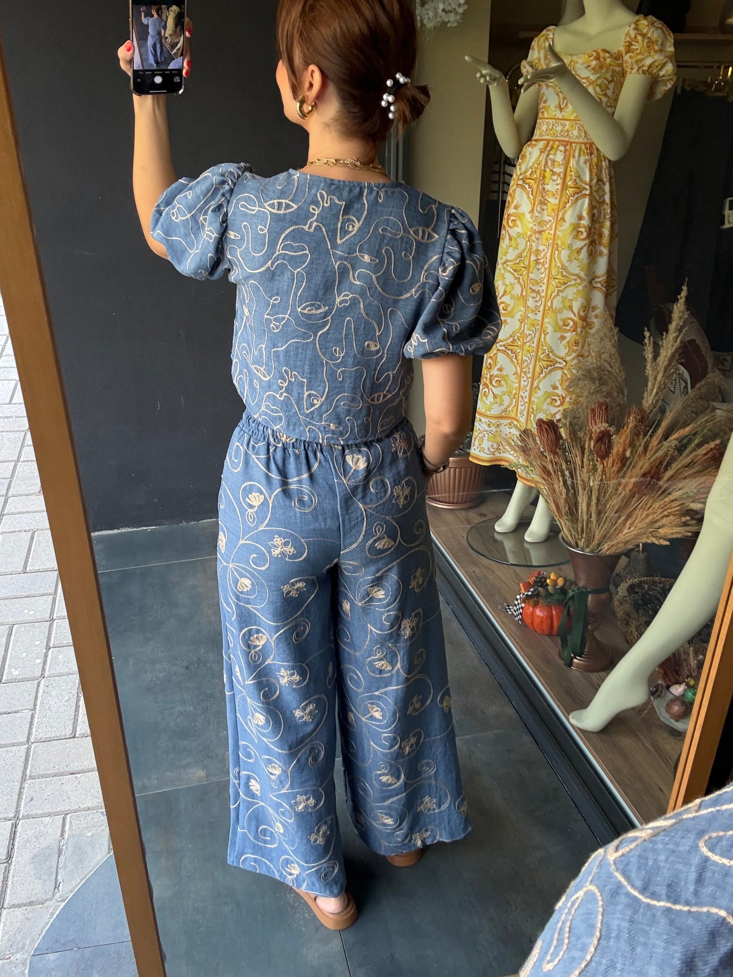 Cutest Mavi Nakışlı Pantolon Takım