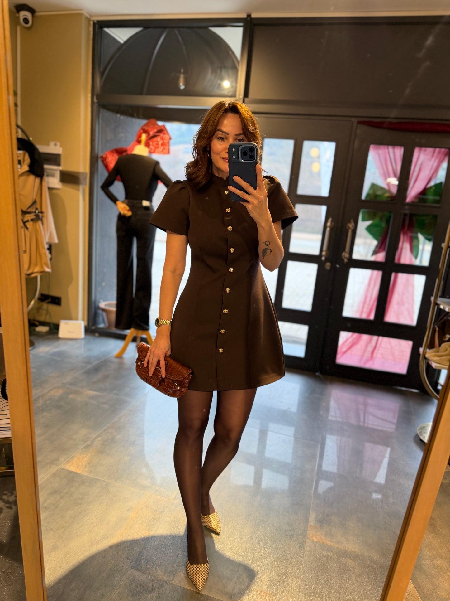 Mosss Kahve /Gold Düğmeli Elbise