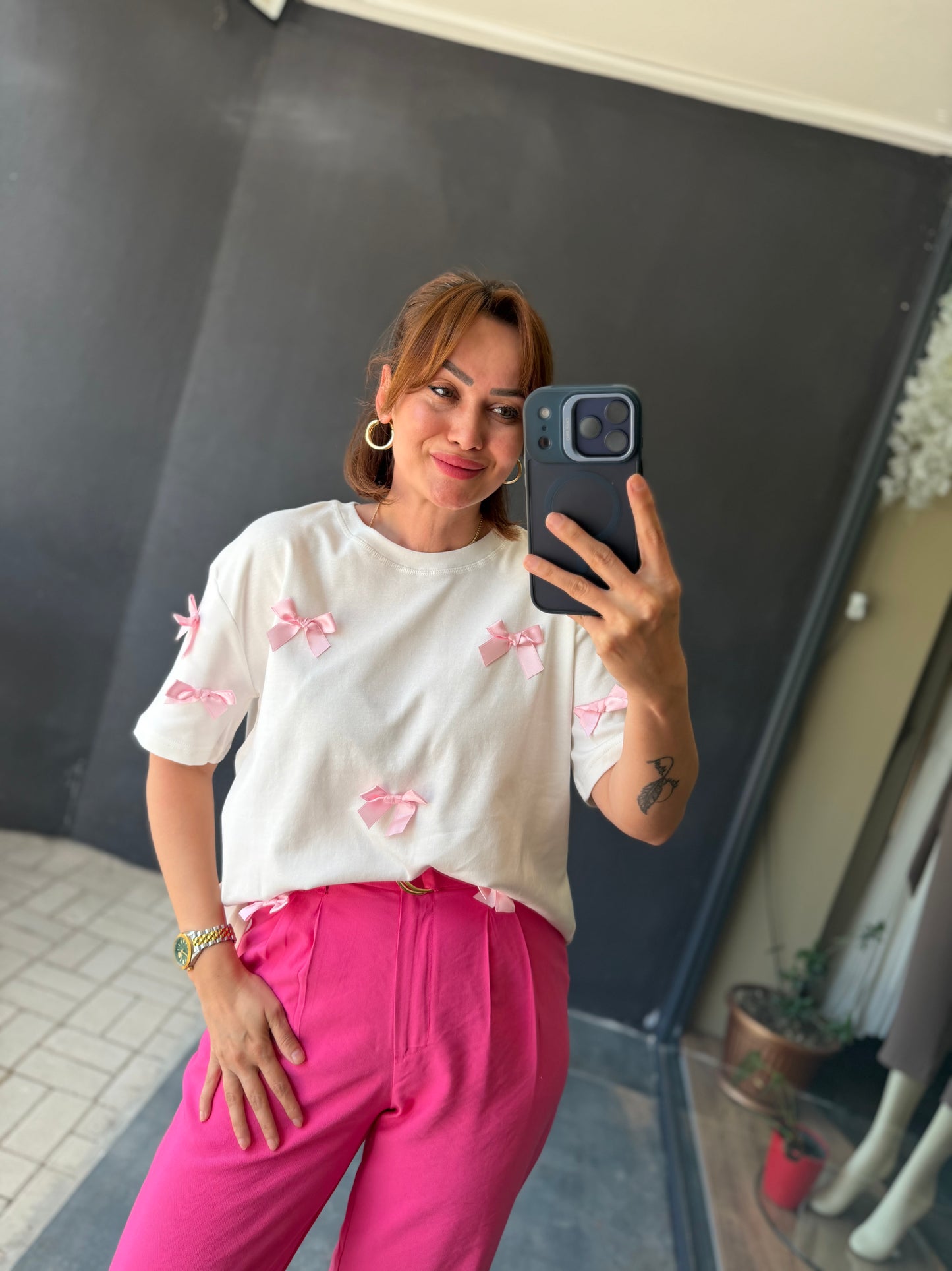 Pembe Palazzo Pantolon /Tshirt Kombin