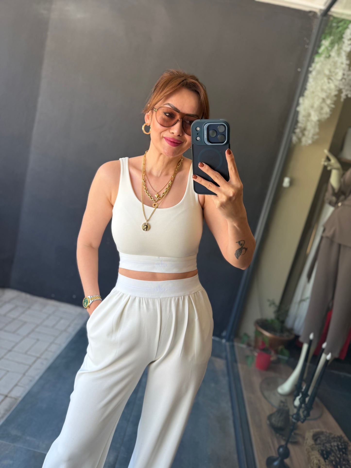 Vestal Beyaz Modal Crop &Pantolon Takım