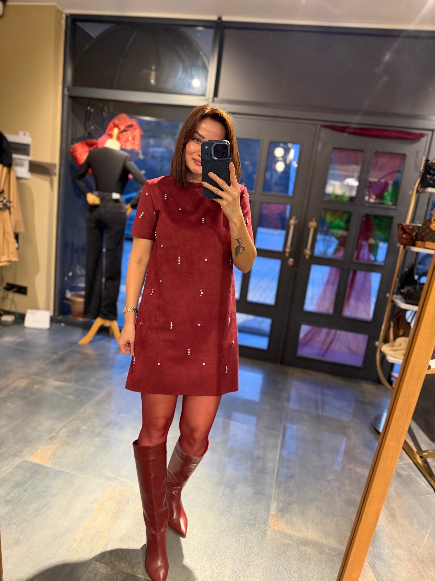 Moss Bordo Süet Taş Detay Elbise