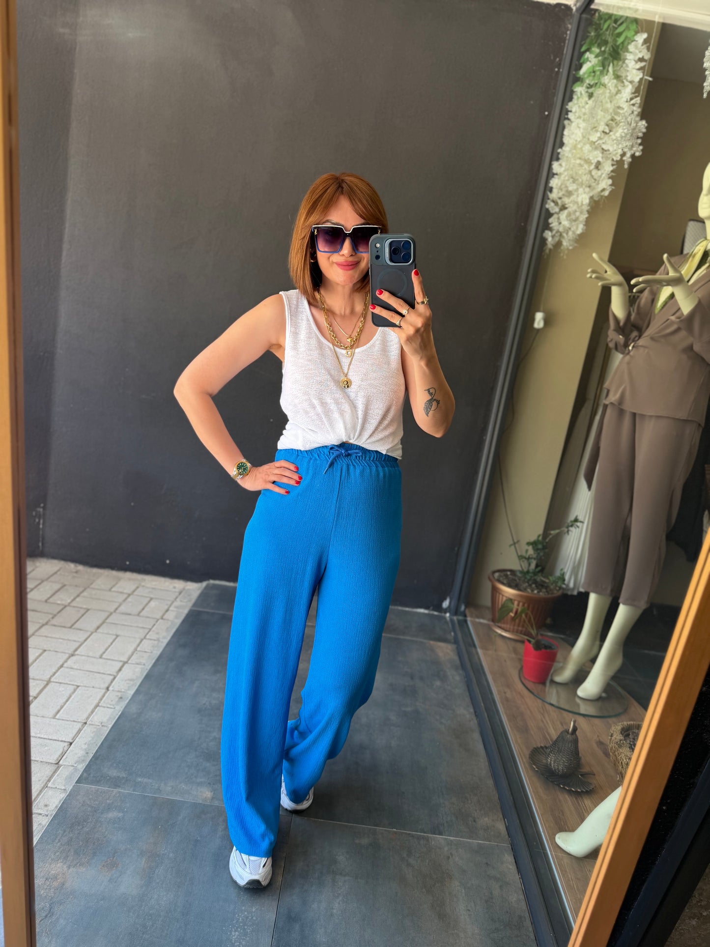 Mavi Fitilli Müslin Pantolon & Bluz Takım