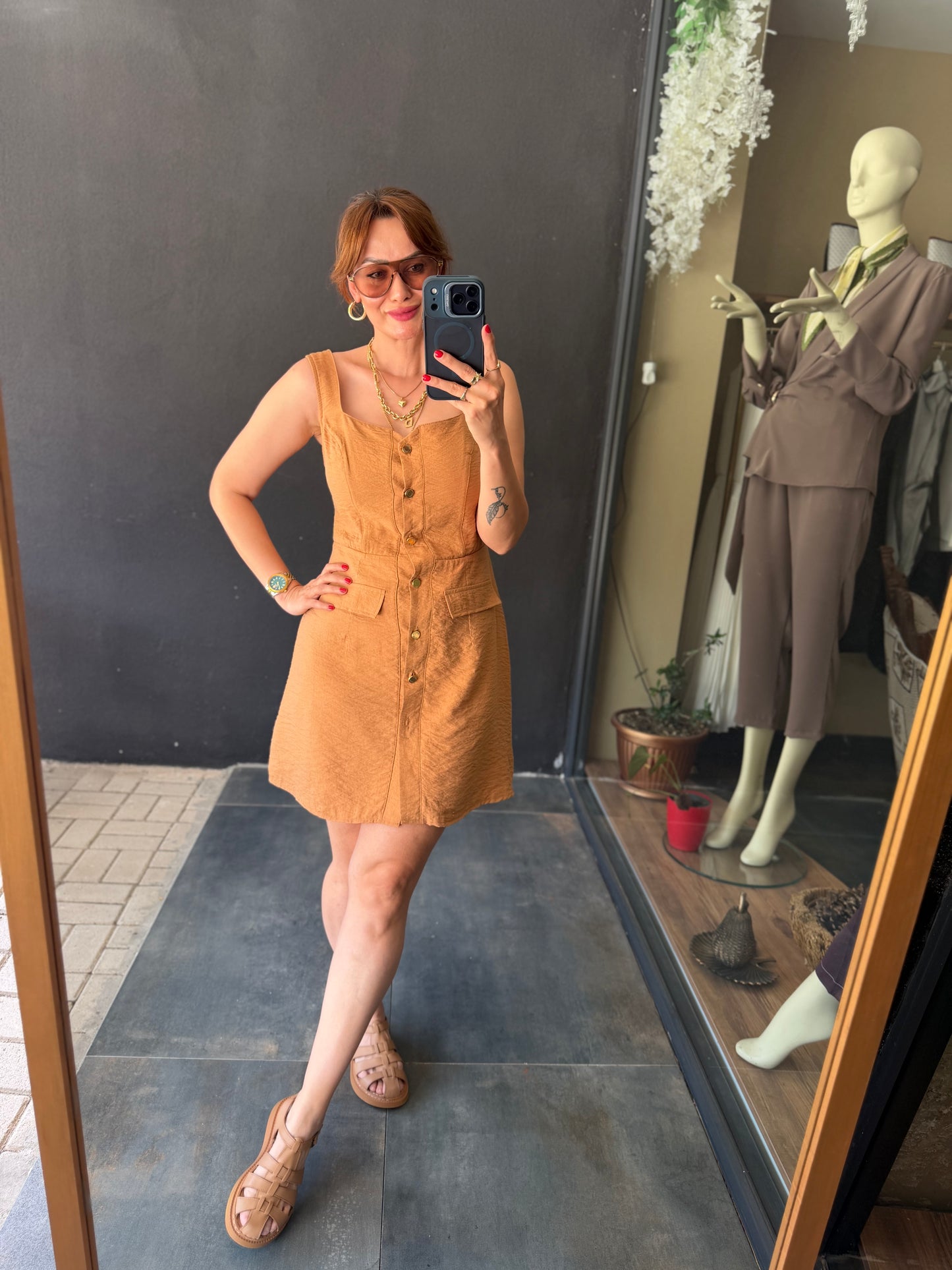 Camel Mini Gold Düğmeli Elbise