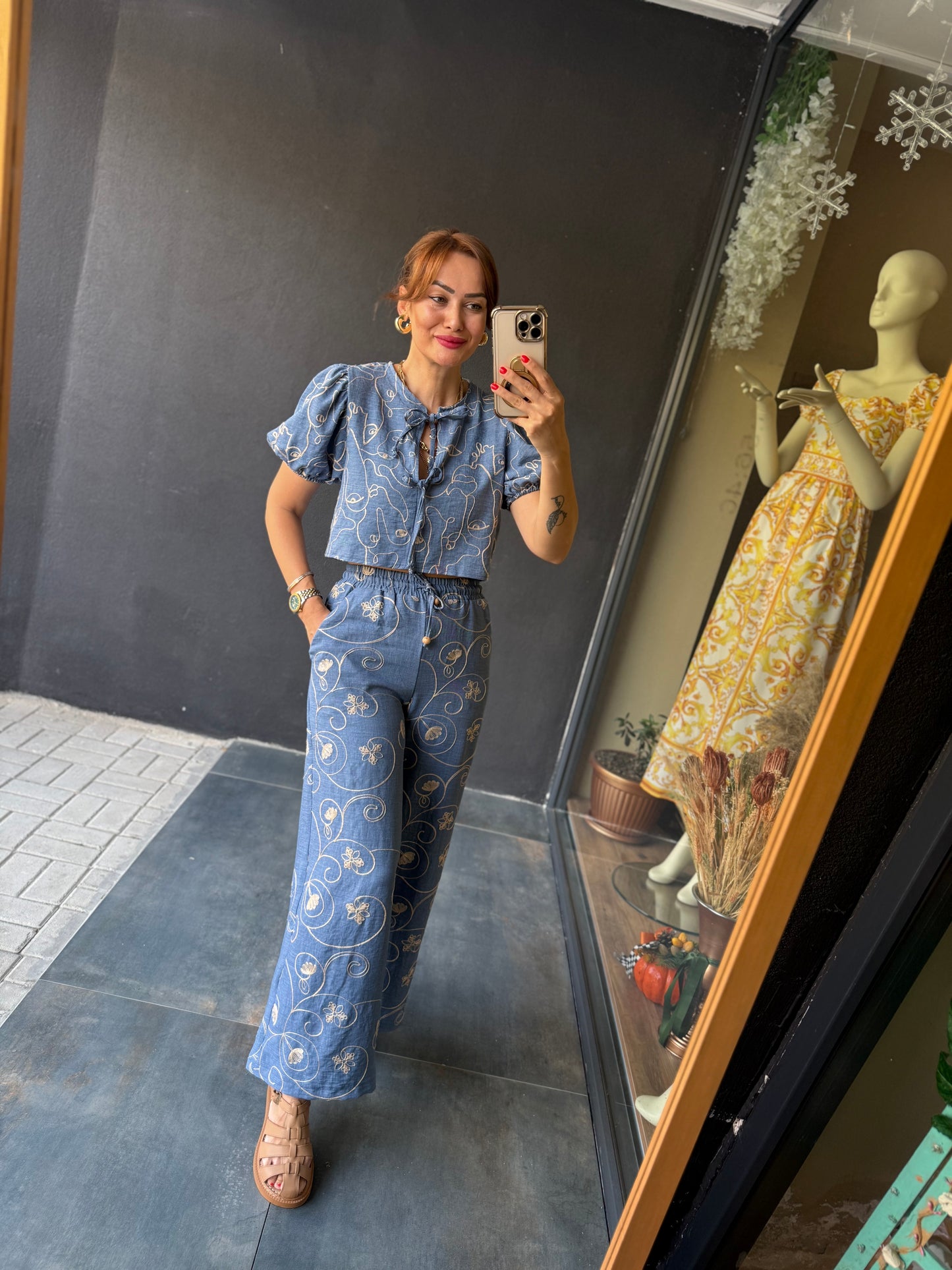 Cutest Mavi Nakışlı Pantolon Takım