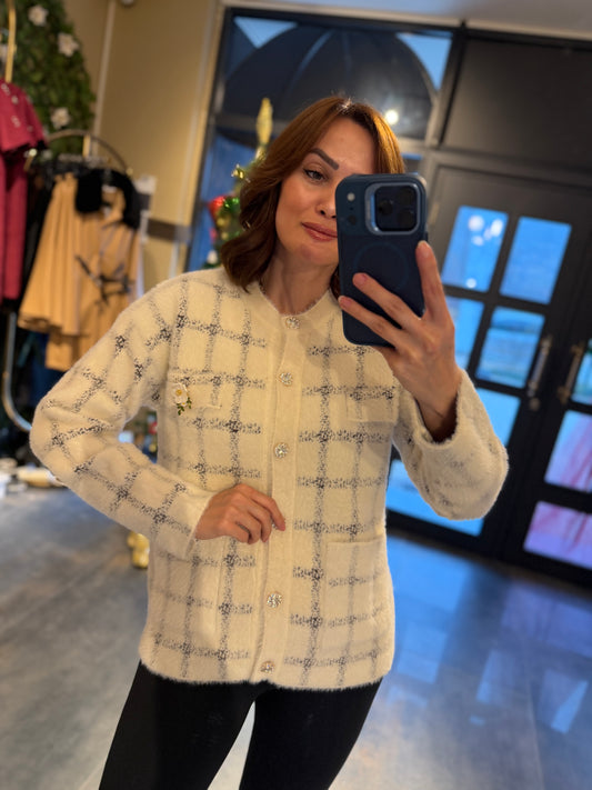 Estas Gri Kareli Kaşmir Hırka