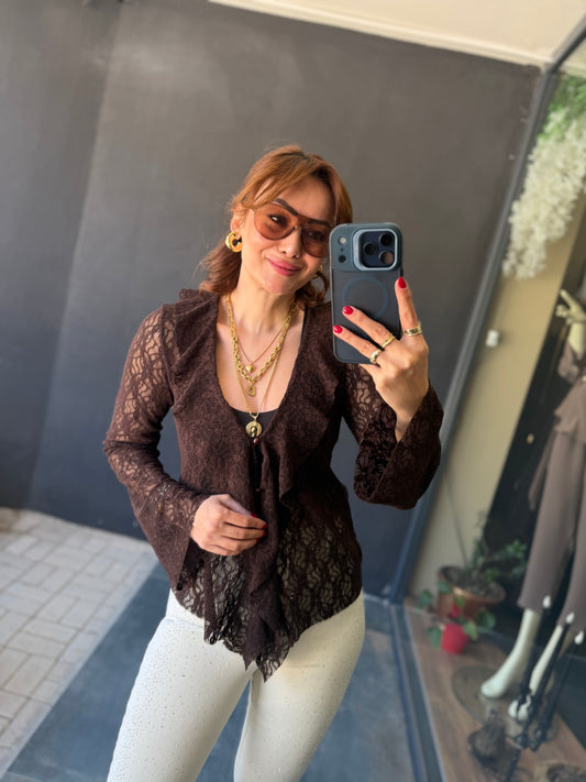 Simon Kahve Güpür Bluz