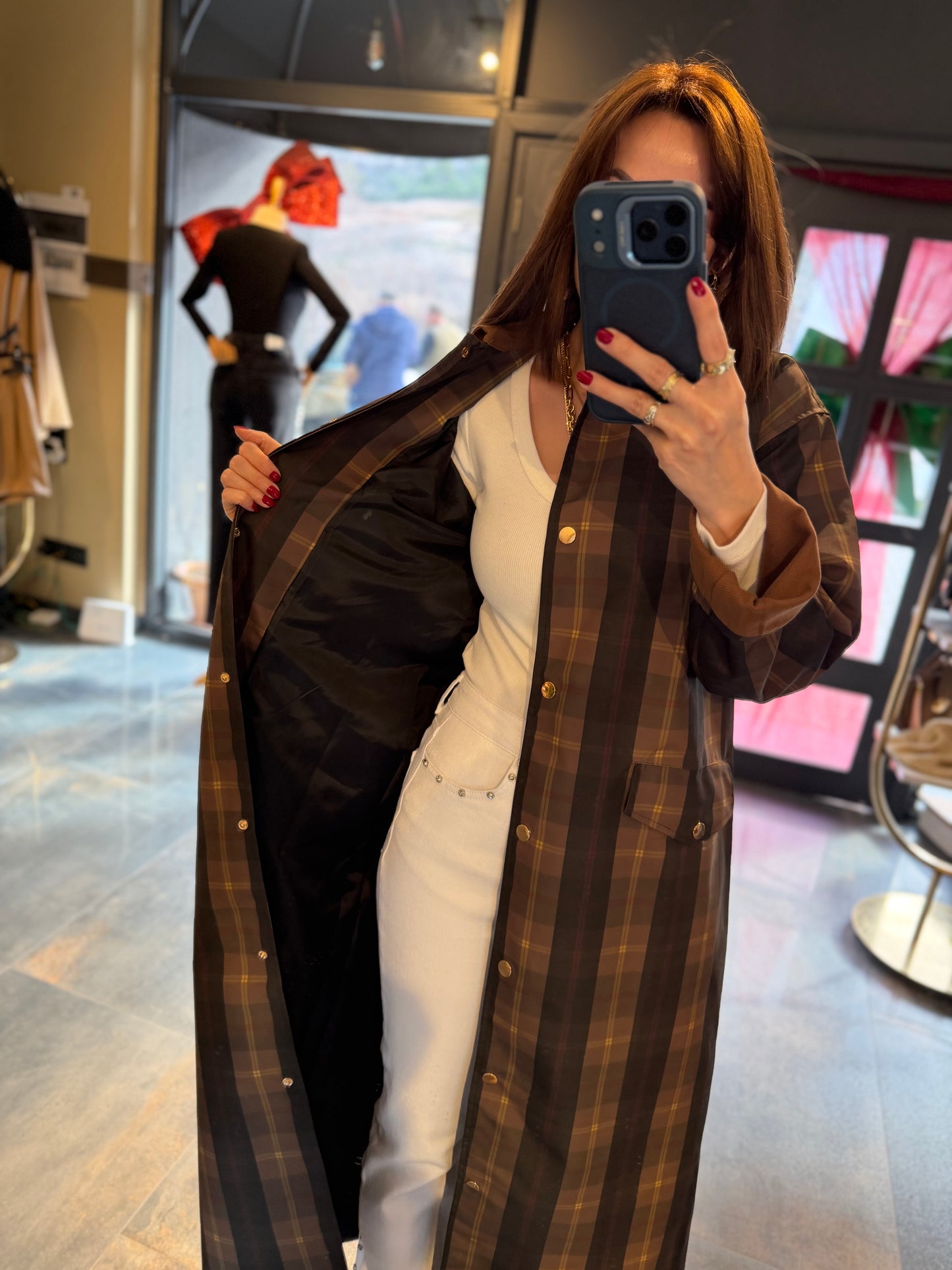 Mesli Kareli Su Geçirmez Trench