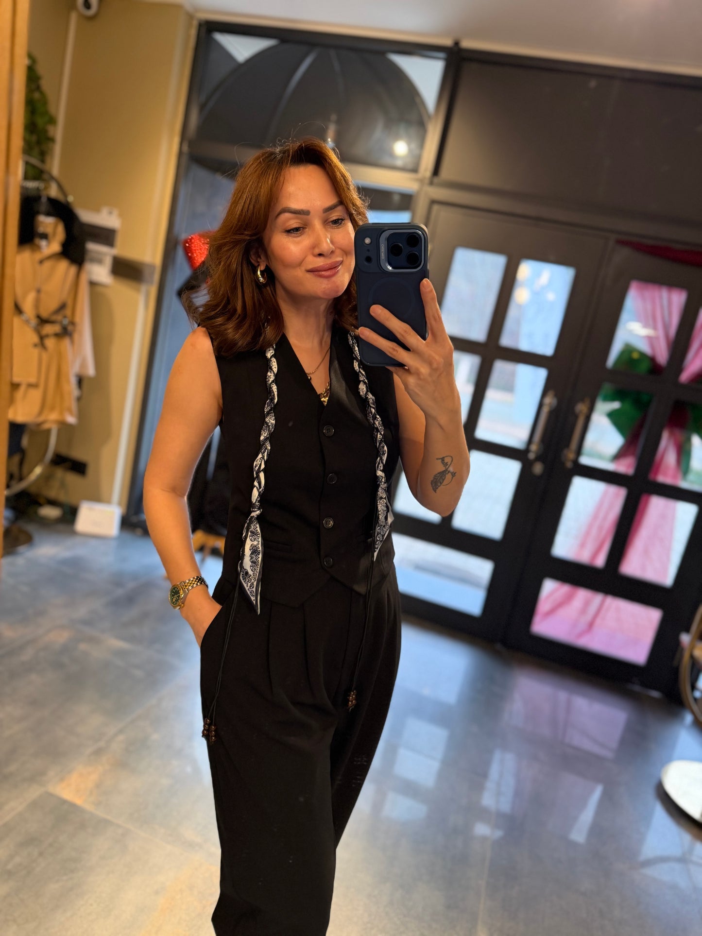 Casual Siyah Harem Yelekli Takım