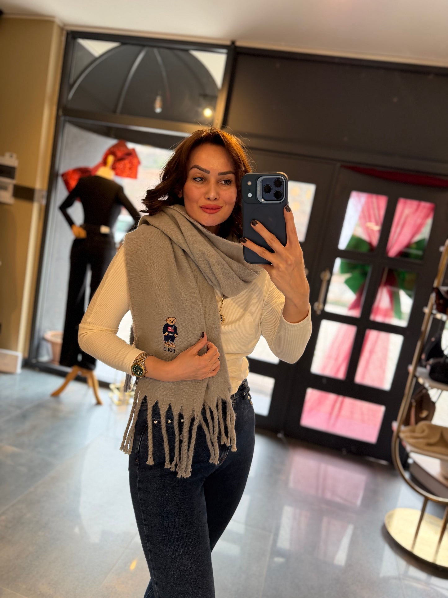 Gustor Açık Gri Peluş Atkı