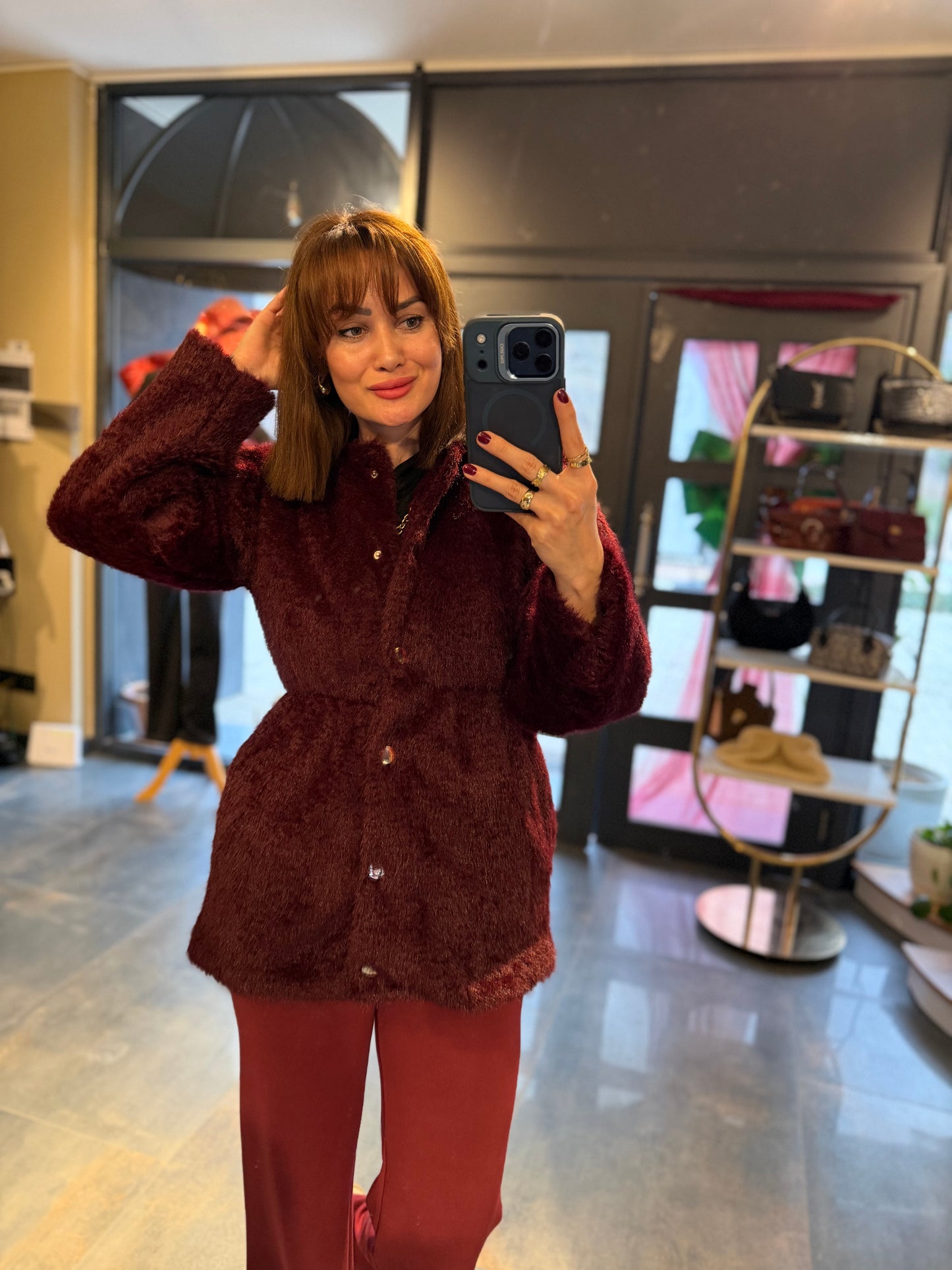 Alora Bordo Astarlı Kürk Mont