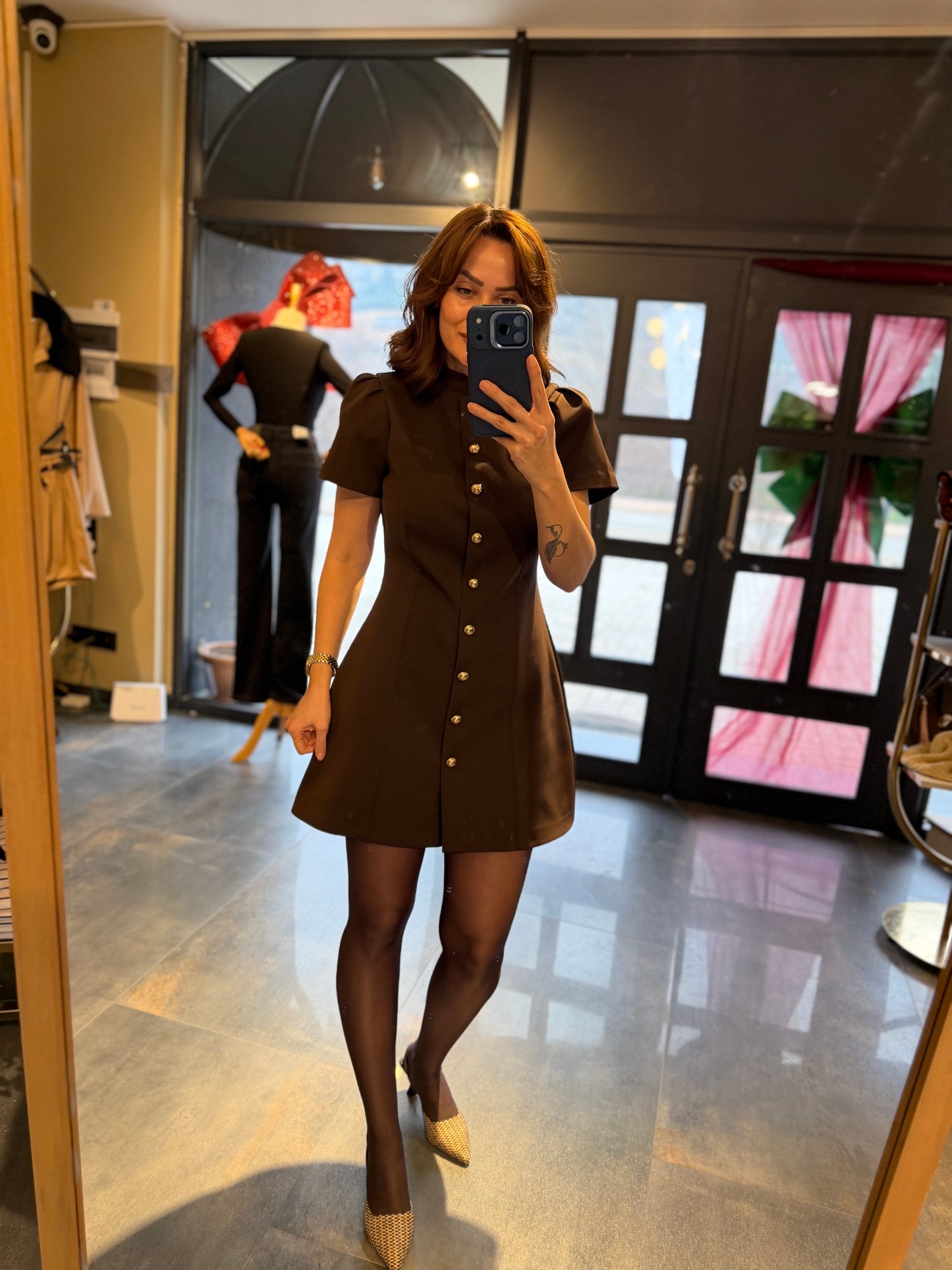 Mosss Kahve /Gold Düğmeli Elbise