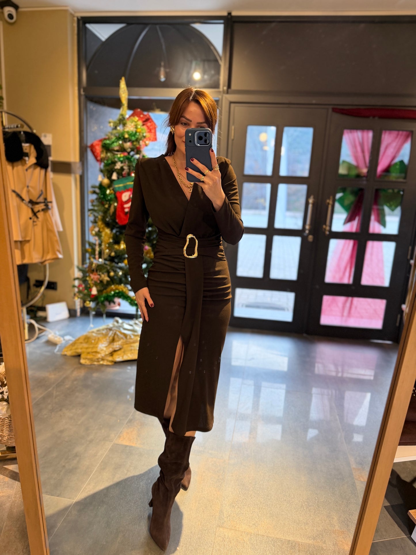 Alin Kahve Kemer Detaylı Korse Elbise