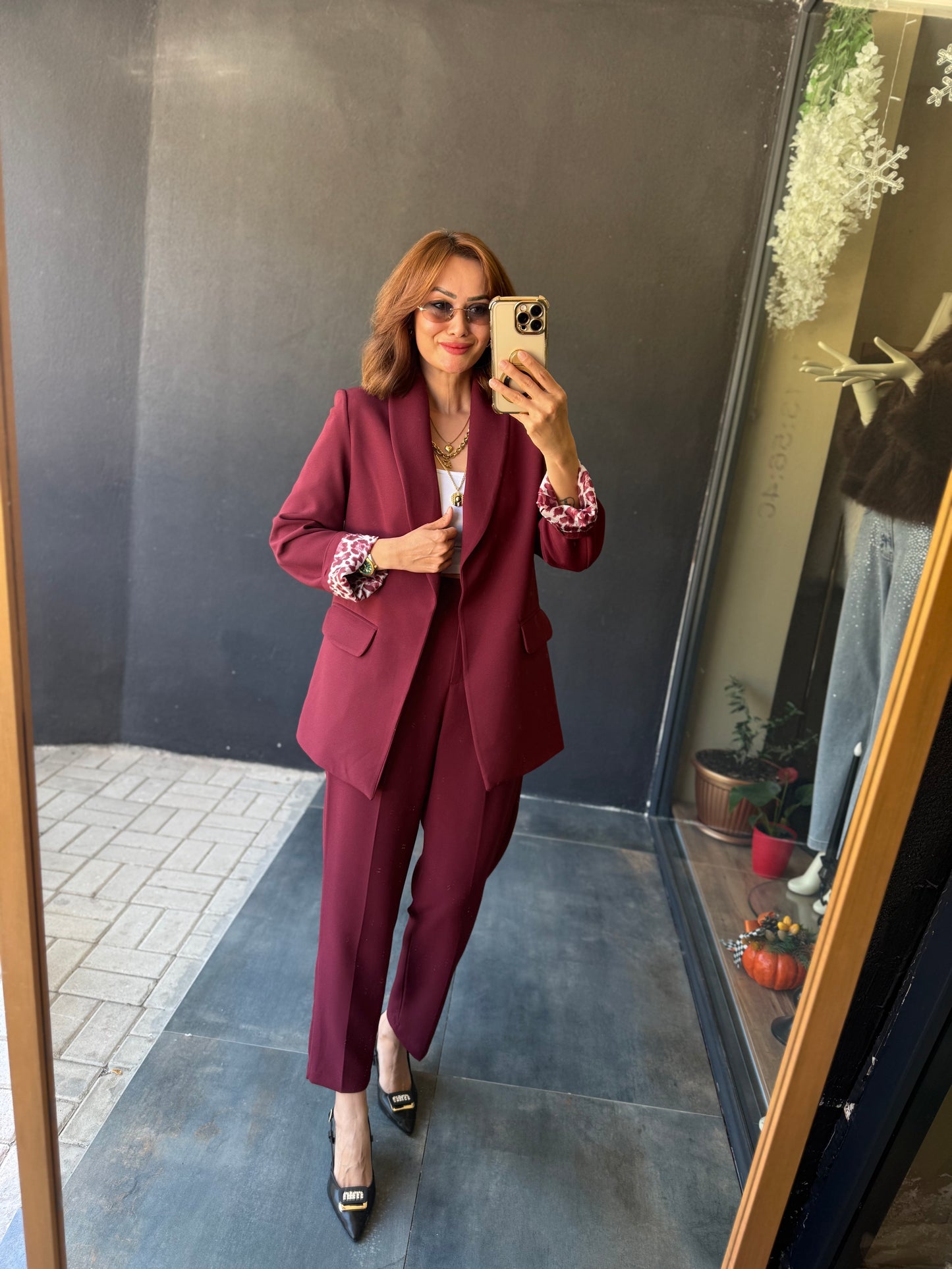 Melanj Bordo Ceket&Pantolon Takım