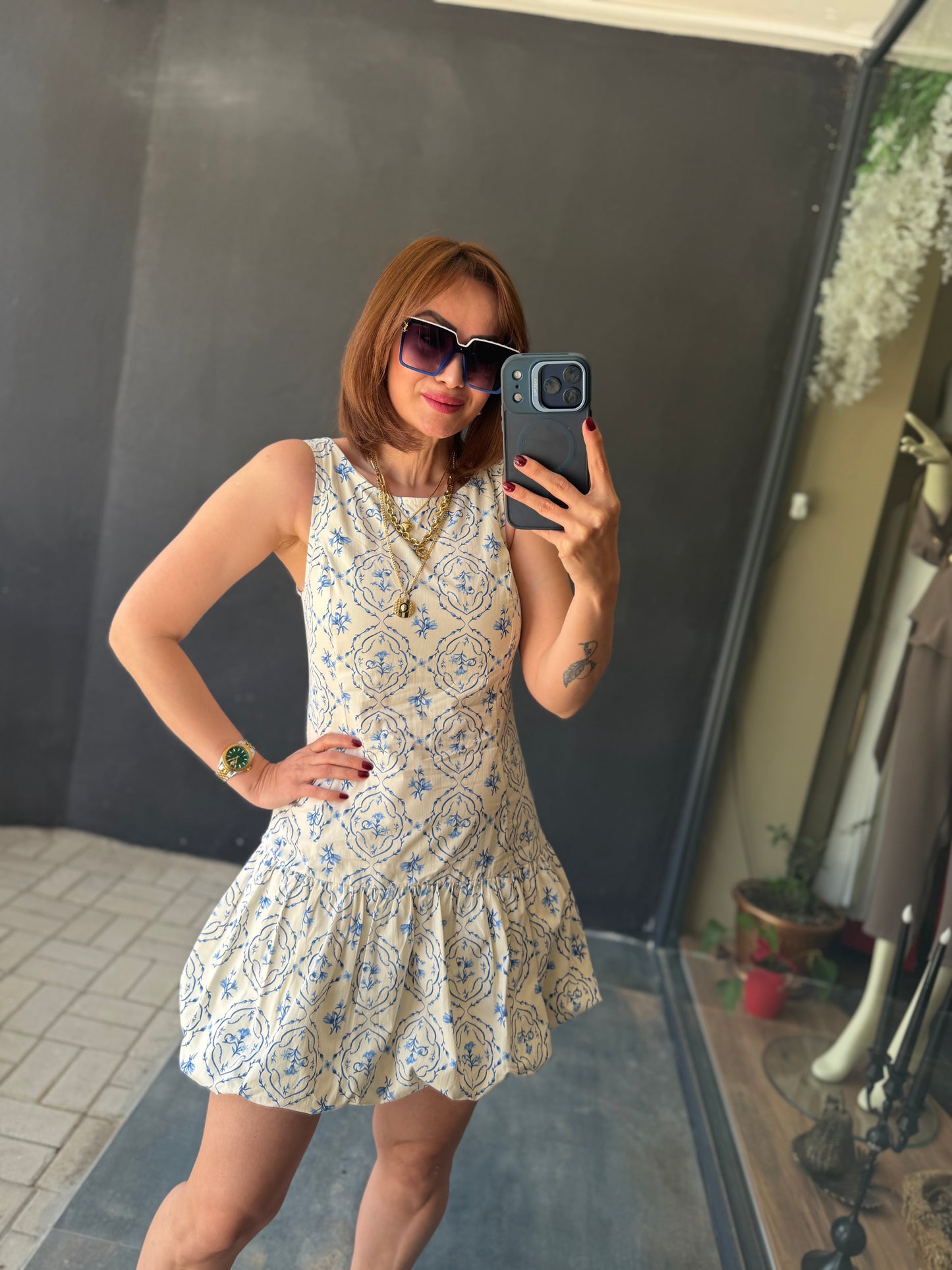 Girl Mavi Desenli Balon Elbise