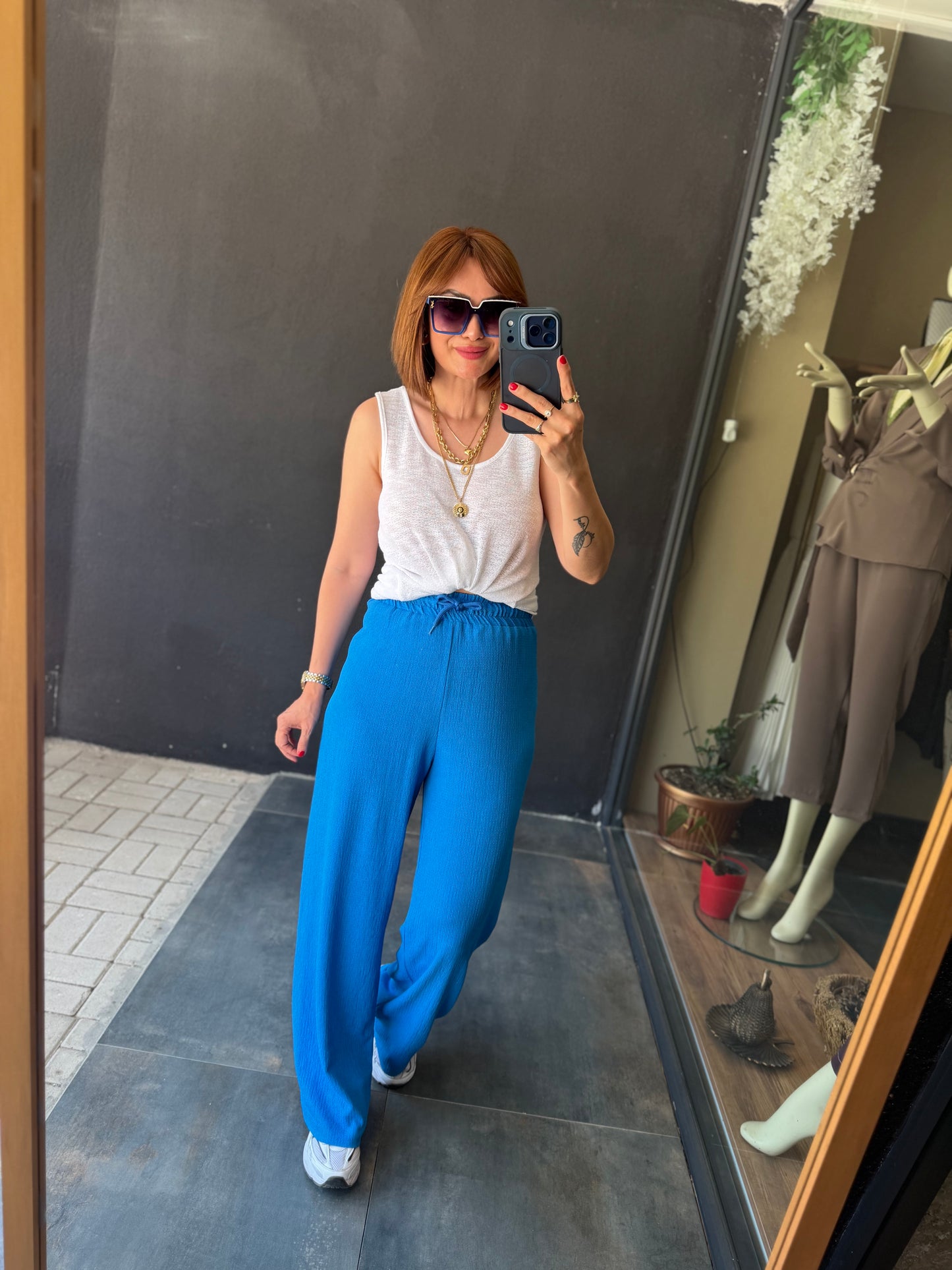 Mavi Fitilli Müslin Pantolon & Bluz Takım