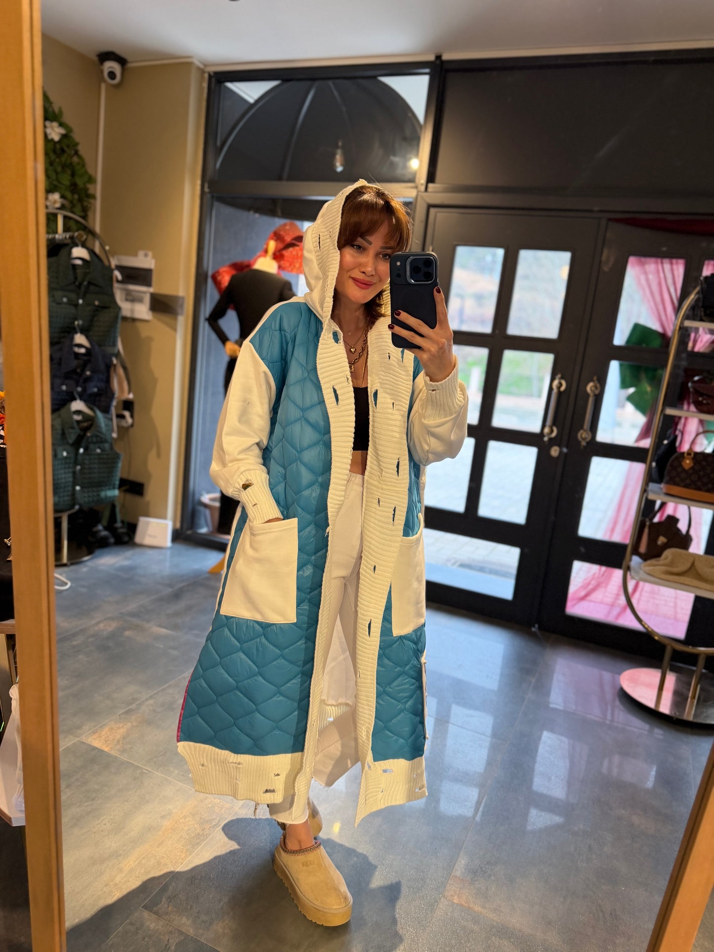 Linen Mavi Capitone Detay Hırka