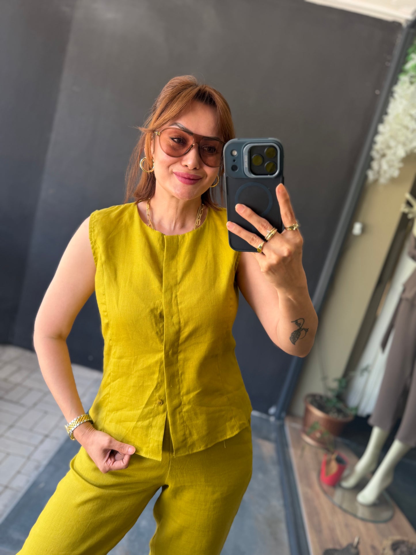 Yağ Yeşili Premium Keten İkili Takım